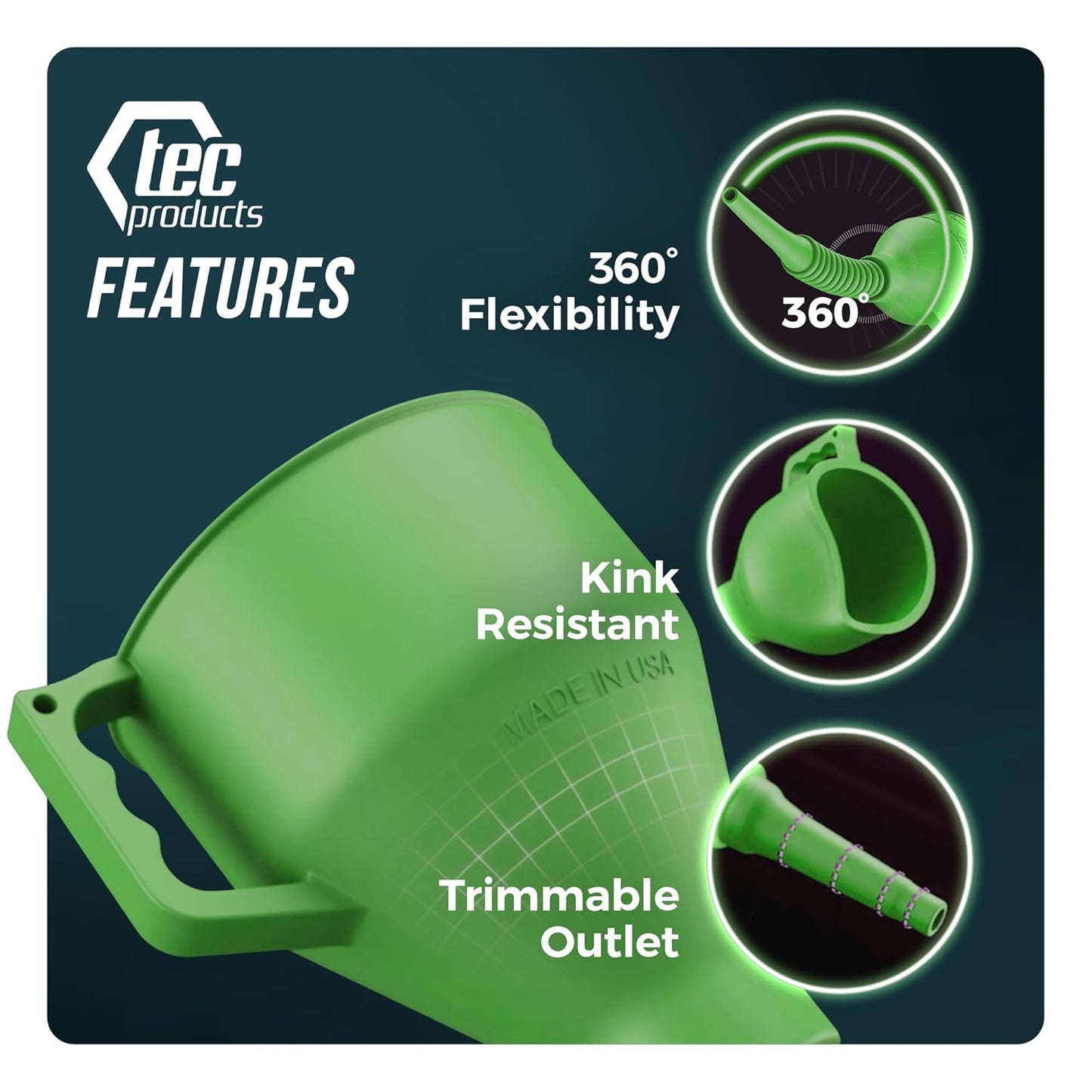 FlexAll Long Flexible Funnel for Automotive Use - Durable Nitrile Rubber - Ideal for Car Oil Change, Transmission Funnel Fluid, Diesel, Fuel, Gas - Made in USA - Green (16 x 5 Inches)