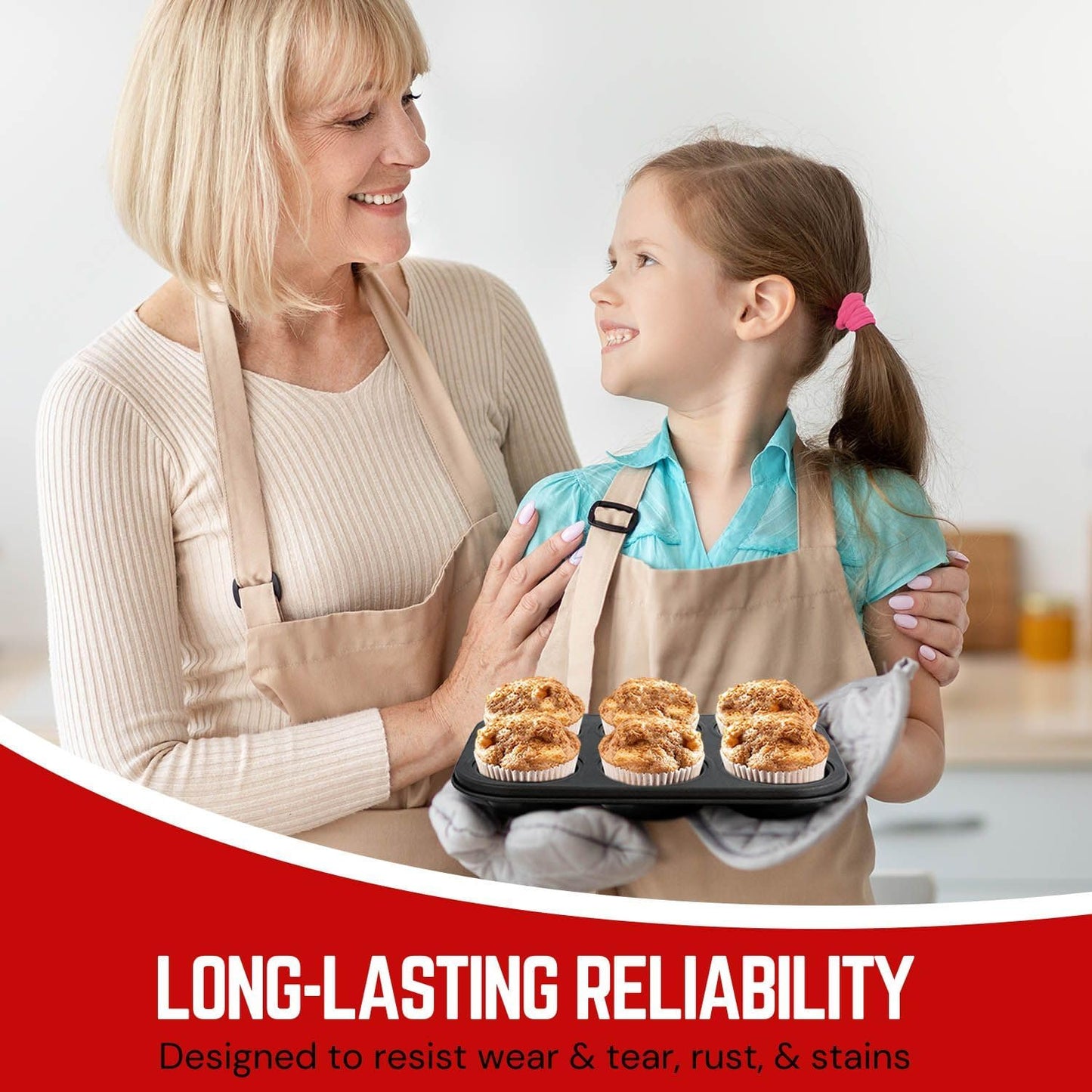 Flexzion Muffin Tray Cupcake Baking Pan 2 Pack, 6-Cup Nonstick Carbon Steel Muffin Tins Non-Stick Cupcake Tin Bakeware Accessories for Baking Cupcakes Muffin Brownies Snacks, Easy Clean, Fridge Safe