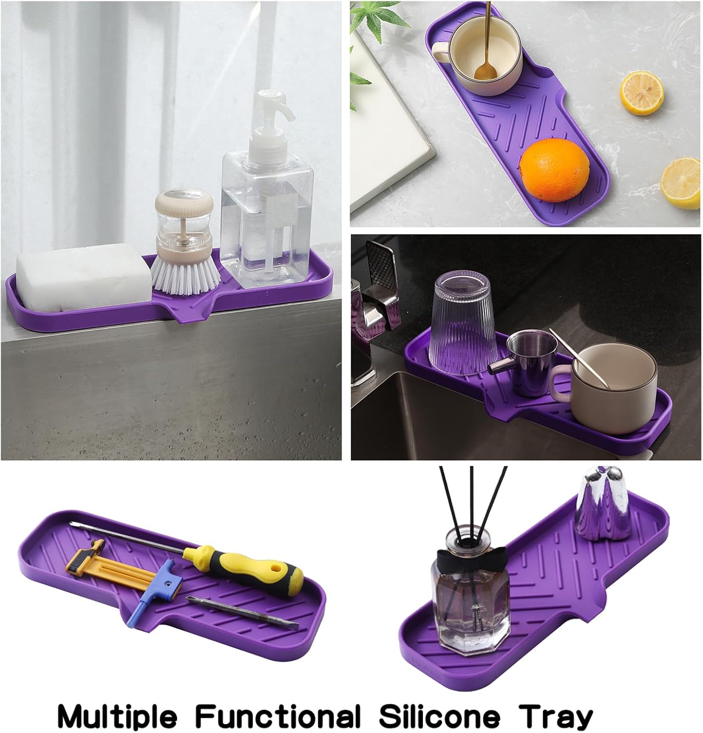 Silicone Bathroom Soap Dishes with Drain Spout-Bathroom and Kitchen Sink Organizer,Sponge Holder,Dish Soap Tray,Perfect for Dispenser,Scrubber,Bottle,Cup on Sink or Counter-Purple 12"×4"