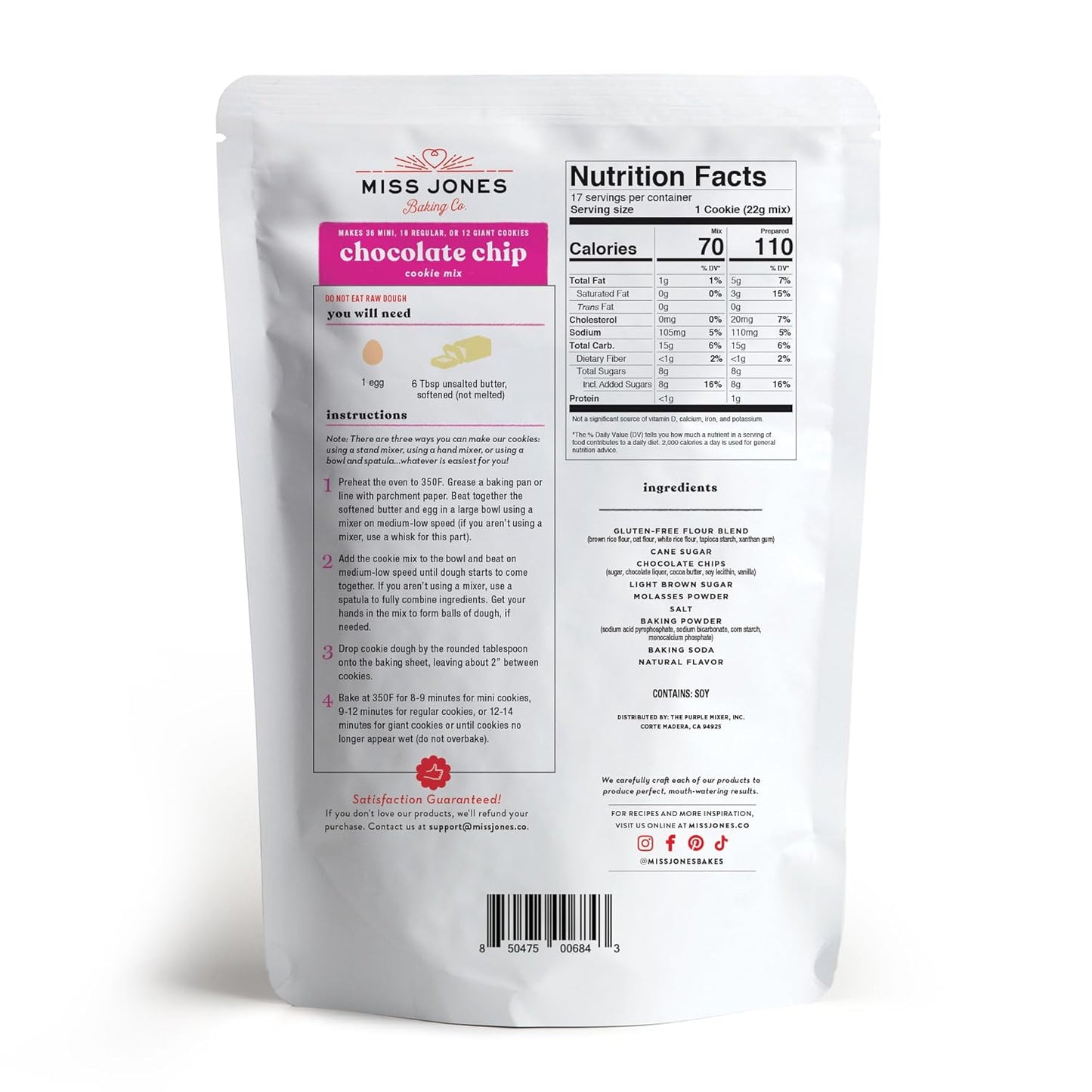 Miss Jones Baking Gluten-Free Chocolate Chip Cookie Mix - More Chocolate Chips, 50% Lower Sugar, Naturally Sweetened Desserts & Treats, 13 Ounce (Pack of 1)