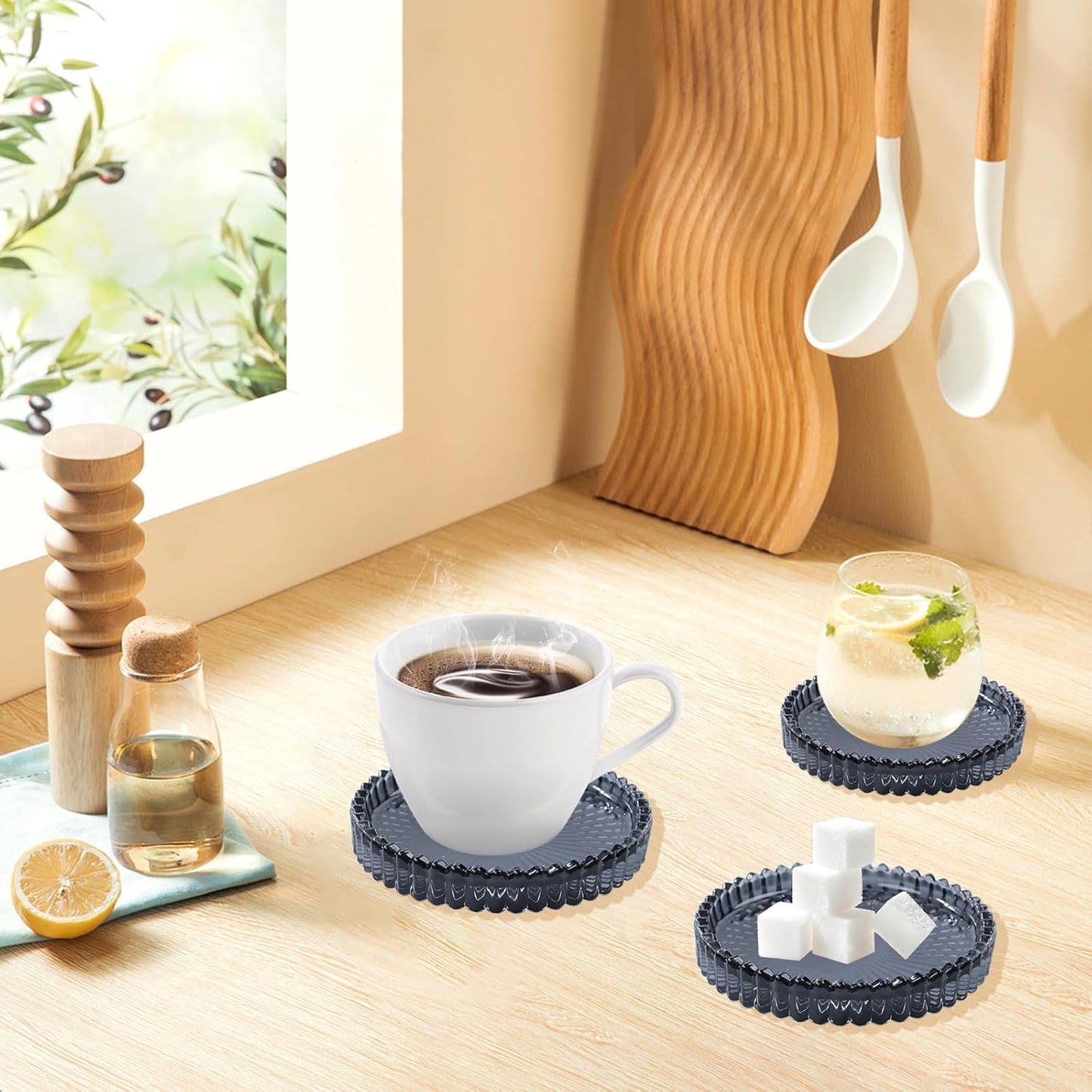 Glass Coaster 6 Pack Round Cup Coasters for Drinks,Crystal Coffee Coaster,Stylish Drink Coasters for Kitchen Bar Dining Room Living Room Office Decor and Jewelry Storage,Gray