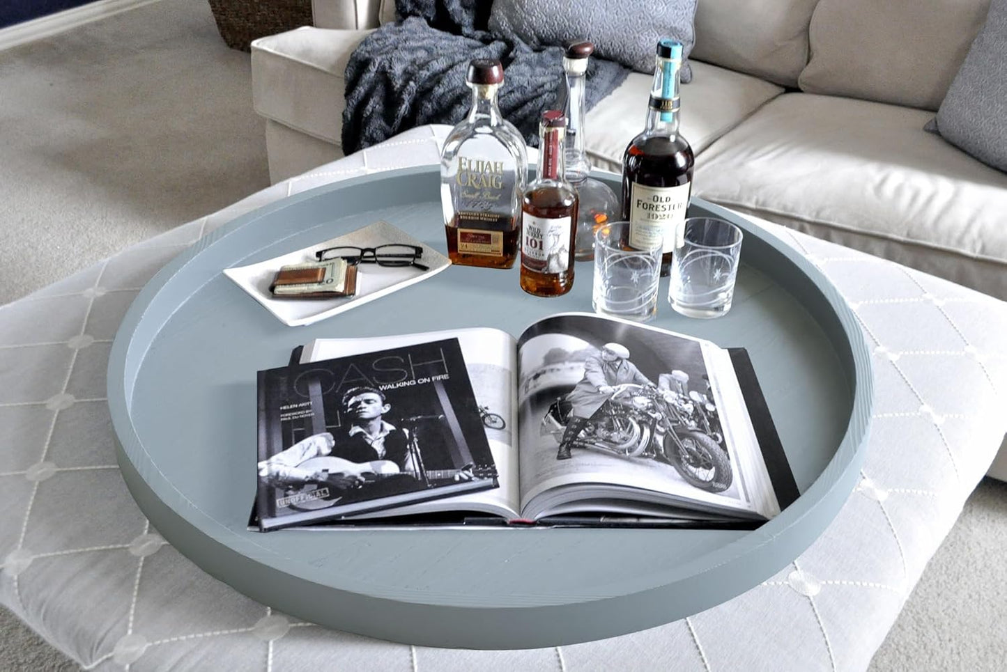 Round Ottoman Table Tray Round-24 - Rustic Wooden Serving Tray for Farmhouse Decorative Oversized Coffee Table Trays Living Room Kitchen Counter Breakfast Grey