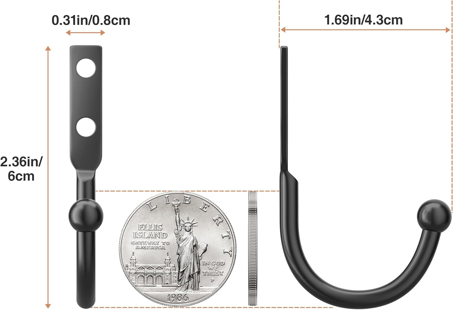 10 Pack Wall Hooks，Metal Hooks Hold up to 45 Lbs，Hooks Wall Mount for Hanging Towel/Coat/Bag/Keys/Cups，Ideal for Bathroom，Outdoor，Closet，Kitchen，Garage，Black