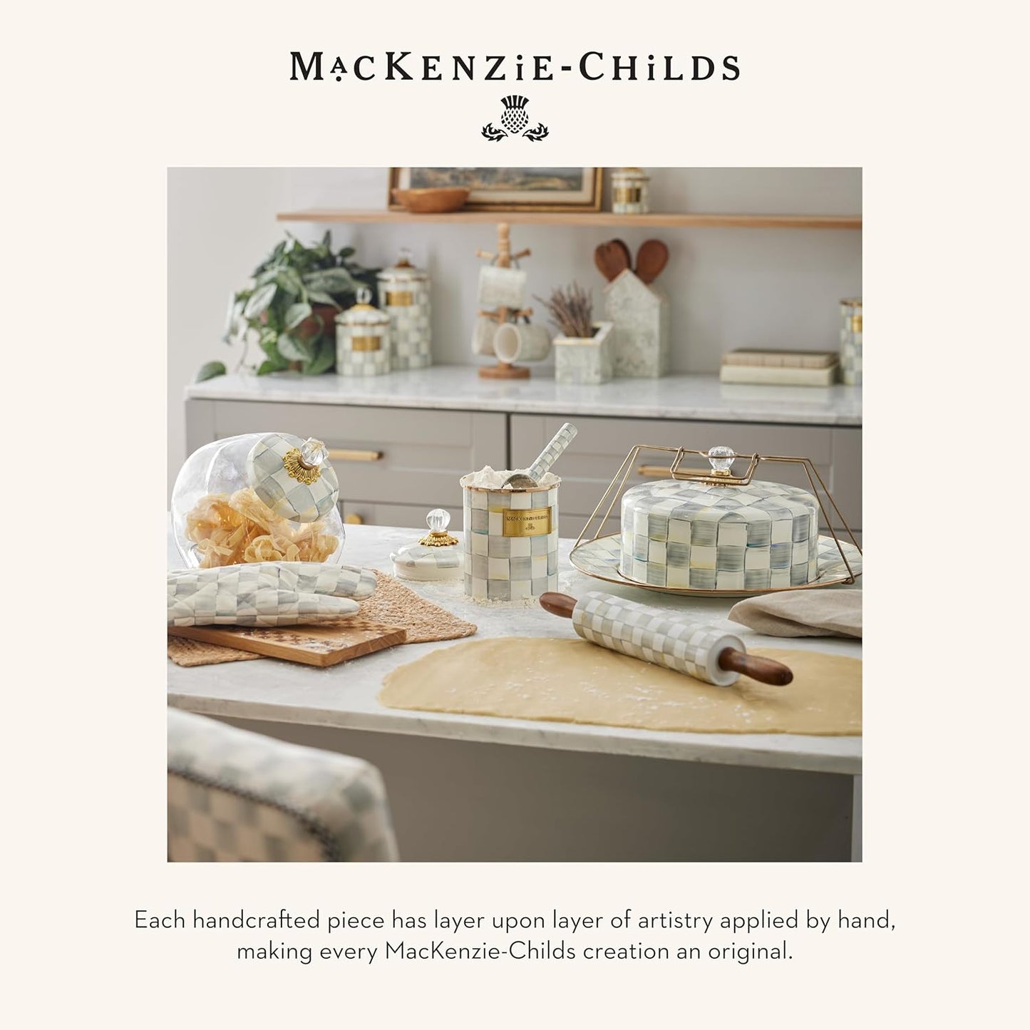 MACKENZIE-CHILDS Enamel Squashed Pot, Cute Enameled Container with Lid, 20 Ounces, Gray-and-White Sterling Check