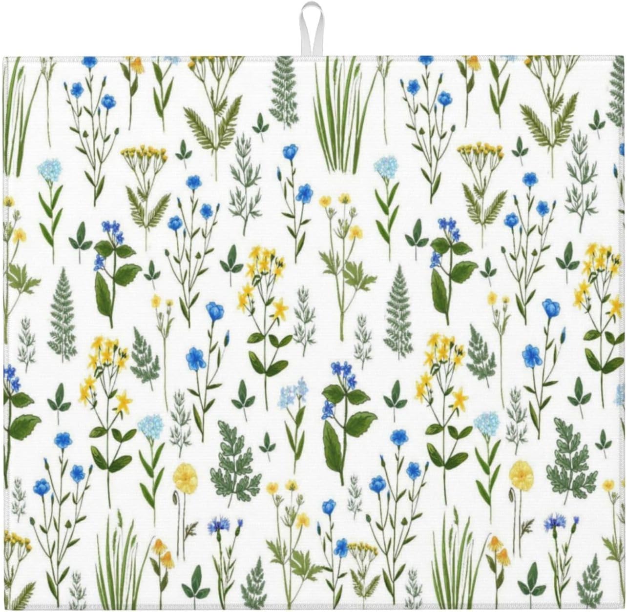 Blue Yellow Wildflower Dish Drying Mats for Kitchen Counter, Vintage Botanic Fern Leaves Floral Kitchen Drainer Pad, Absorbent Microfiber Reusable Washable Dish Draining Mats, Home Decor, 16 x 18 inch