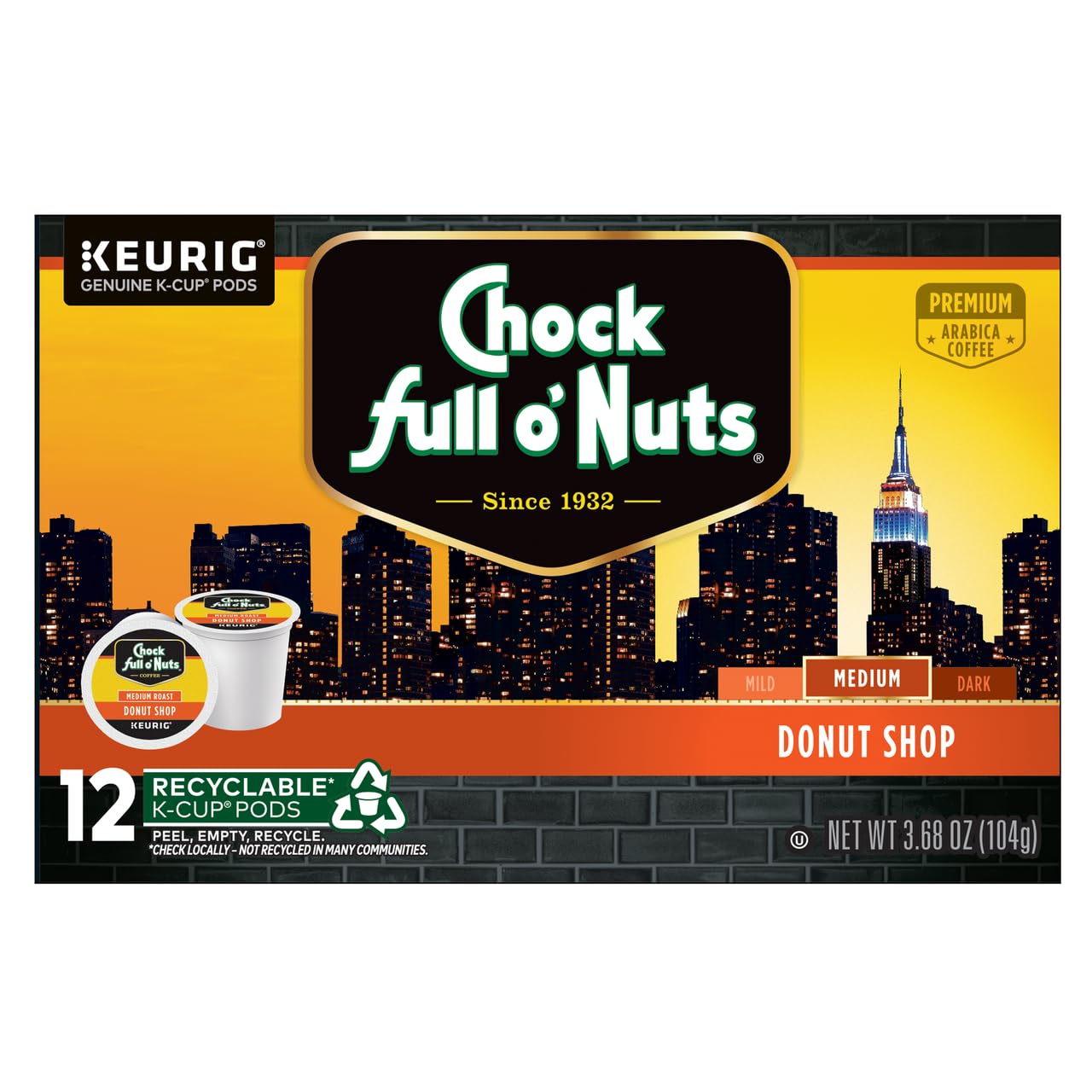 Chock Full o'Nuts Donut Shop Coffee, Compatible with K-Cup Pods, 12 CT (Pack of 3)