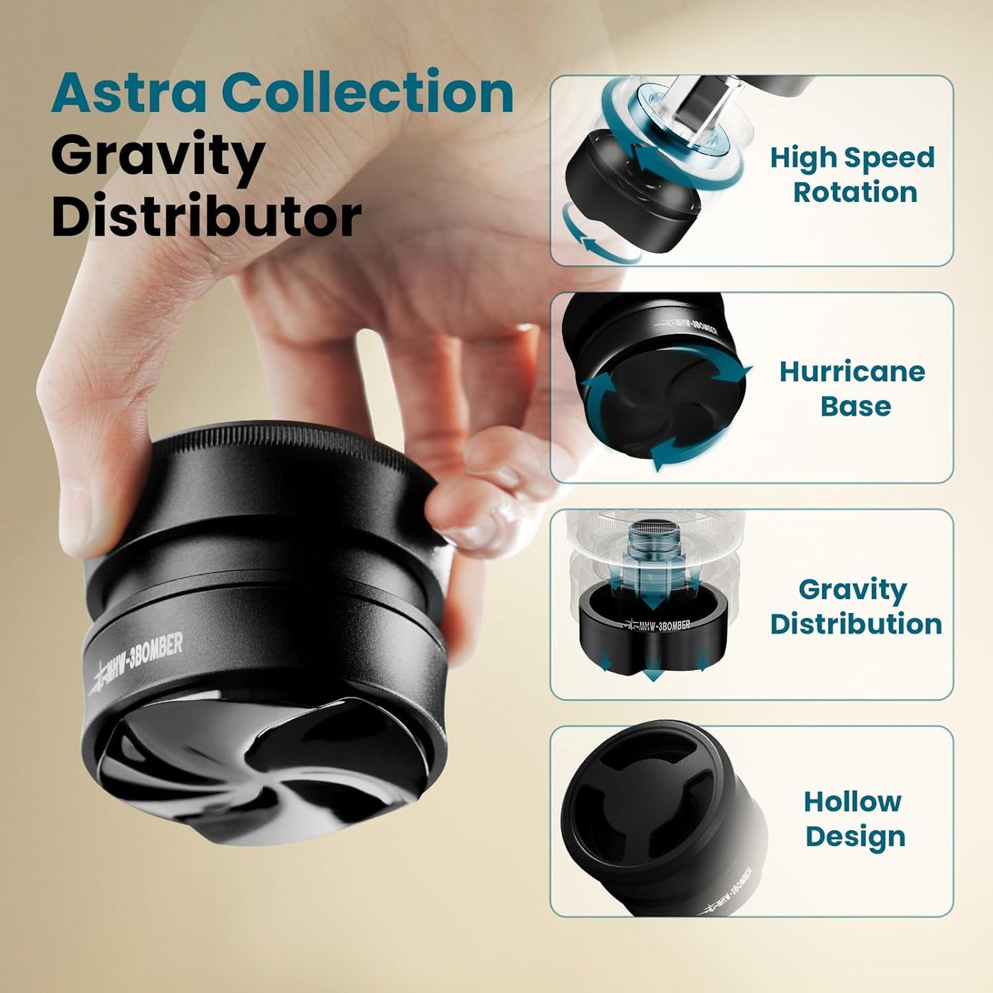 MHW-3BOMBER 51mm Coffee Distributor, Gravity Espresso Distribution Tool with Adaptive Height for Barista, Coffee Leveler for 51mm Portafilter, Black, Astra Distributor, T7019-OS