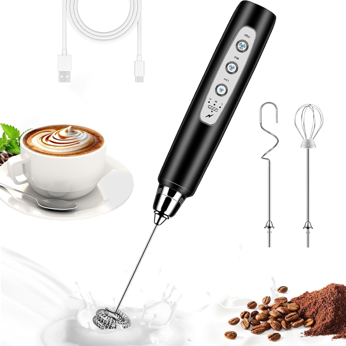 Milk Frother Handheld for Coffee, Electric Whisk 3 Speed Adjustable, Drink Mixer with Stainless 3 Whisks, Rechargeable Hand Frother Wand, Foam Maker for Latte Cappuccino Hot Chocolate Egg Black
