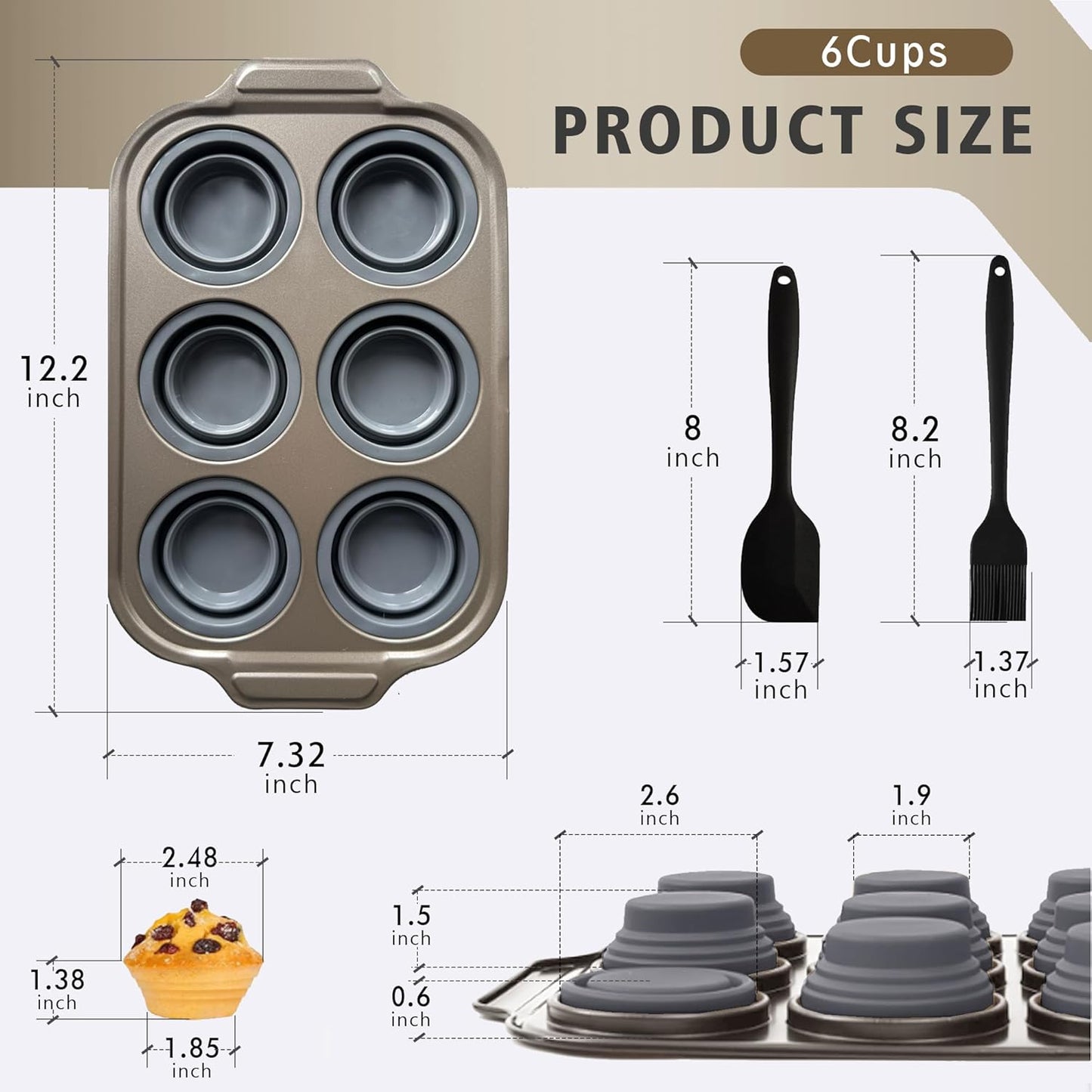 Silicone Muffin Pan Set, 6 Cups Cupcake Pan, With Metal Frame Nonstick Press to Easily Pop Out for Baking Homemade Muffins,Breads, Cupcakes, Egg Bites, BPA-Free Silicone (Grey, 6Cups)