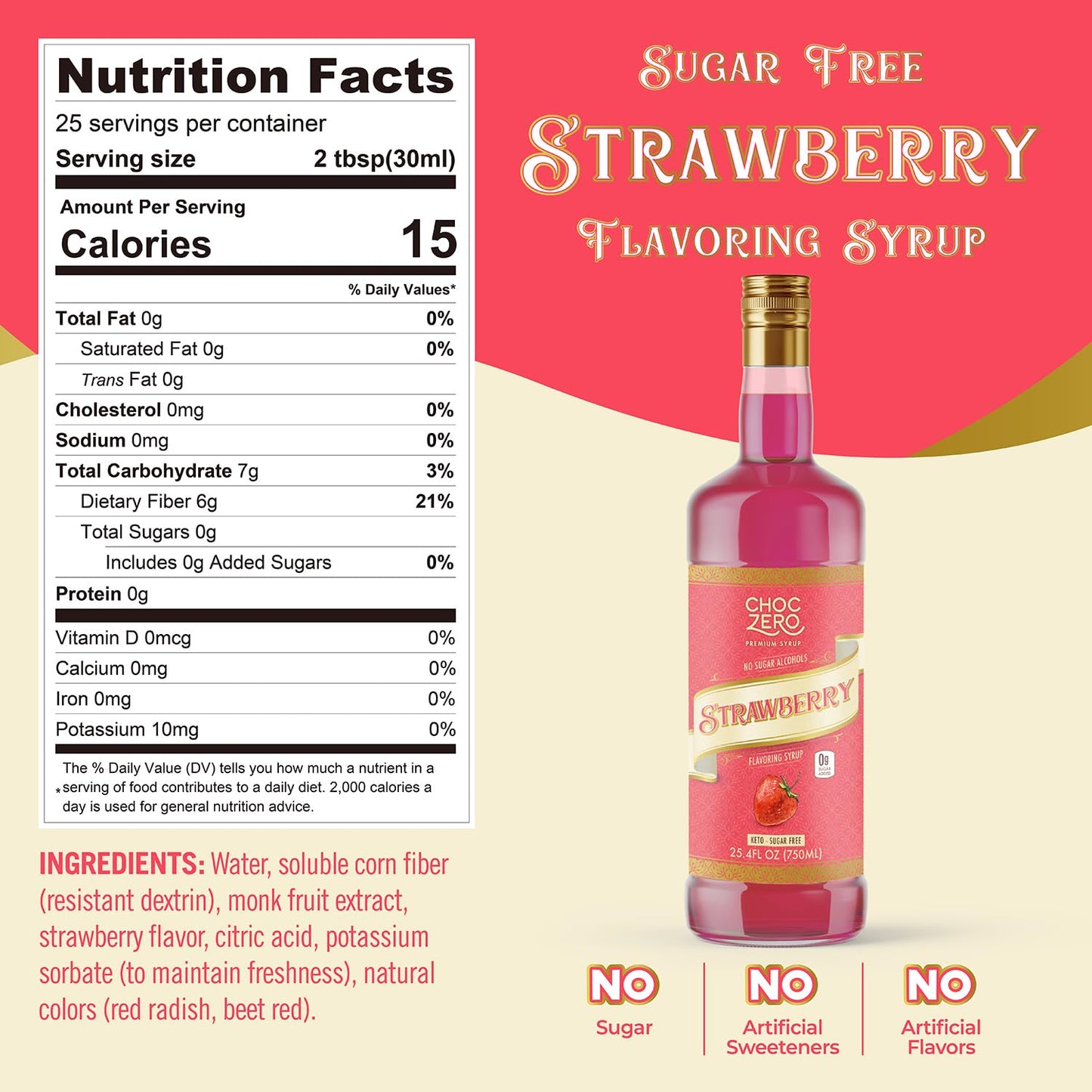 ChocZero Flavoring Syrup, Strawberry Flavor, Sugar Free Syrup for Drinks, Keto Friendly, 25.4 Fluid Ounces