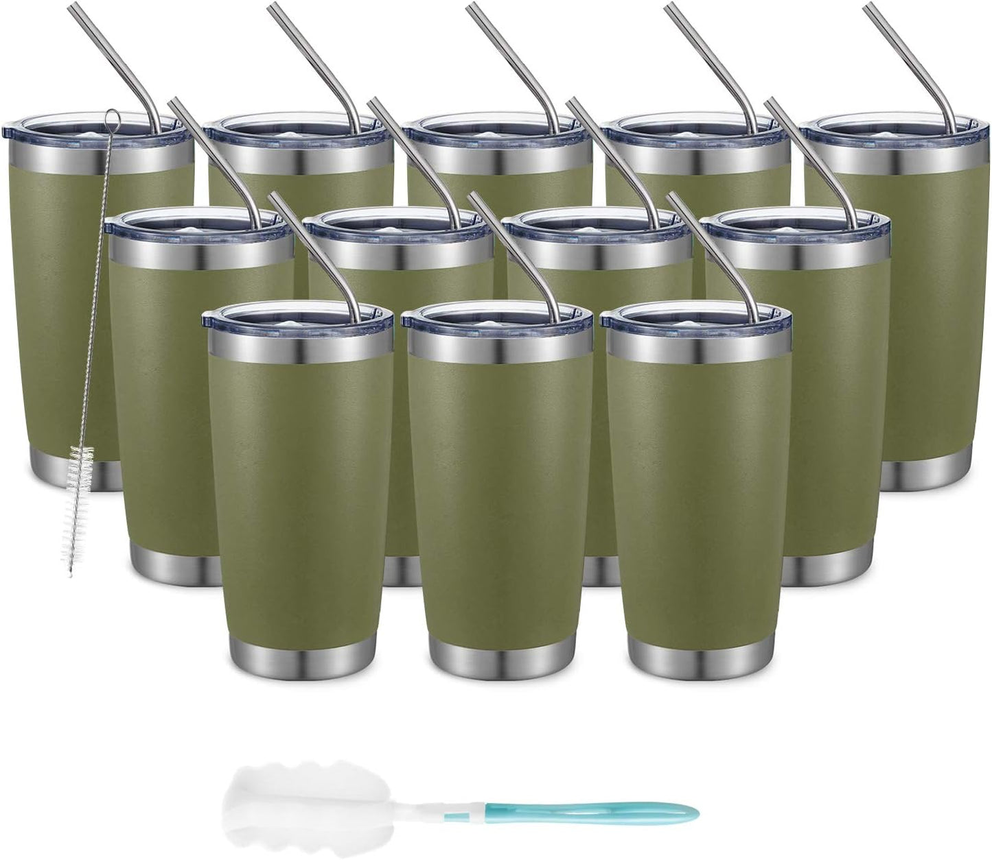 COMOOO 20oz Double Wall Vacuum Insulated Travel Mug, Stainless Steel Tumbler with Lid and Straw Durable Powder Coated Insulated Coffee Cup for Cold & Hot Drinks (Army Green, 12 pack