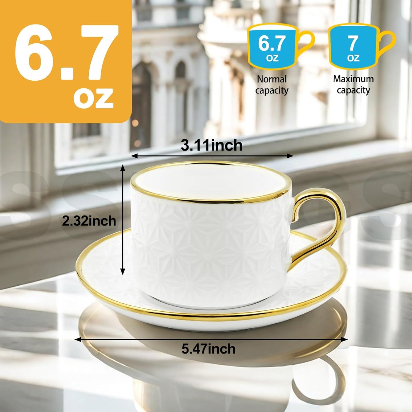 Espresso Cups and Saucers Set of 6, 7 OZ Porcelain Cappuccino Cups with Saucers, Stackable Coffee Mugs for Demitasse, Latte, Cafe, Mocha, Tea, Mother's Day Gift Thanksgiving Christmas Gift Present