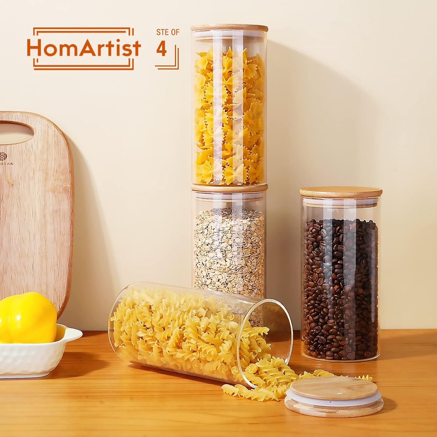 Glass Jars with Bamboo Lids 53 FL OZ [Set of 4], Glass Canisters with Airtight Lids, Glass Food Storage Containers for Pasta, Oats, Coffee, Flour, Sugar, Rice, Best for Kitchen & Pantry