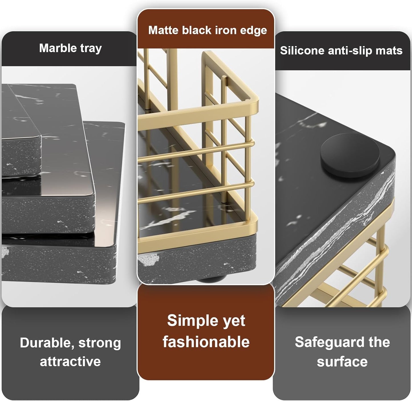 Wican Marble Guest Towel Holder Tray for Bathroom, Napkins Holder for Powder Room Dinning Table Wooden Basket for Disposable Paper Hand Towels Gold and Marble Black