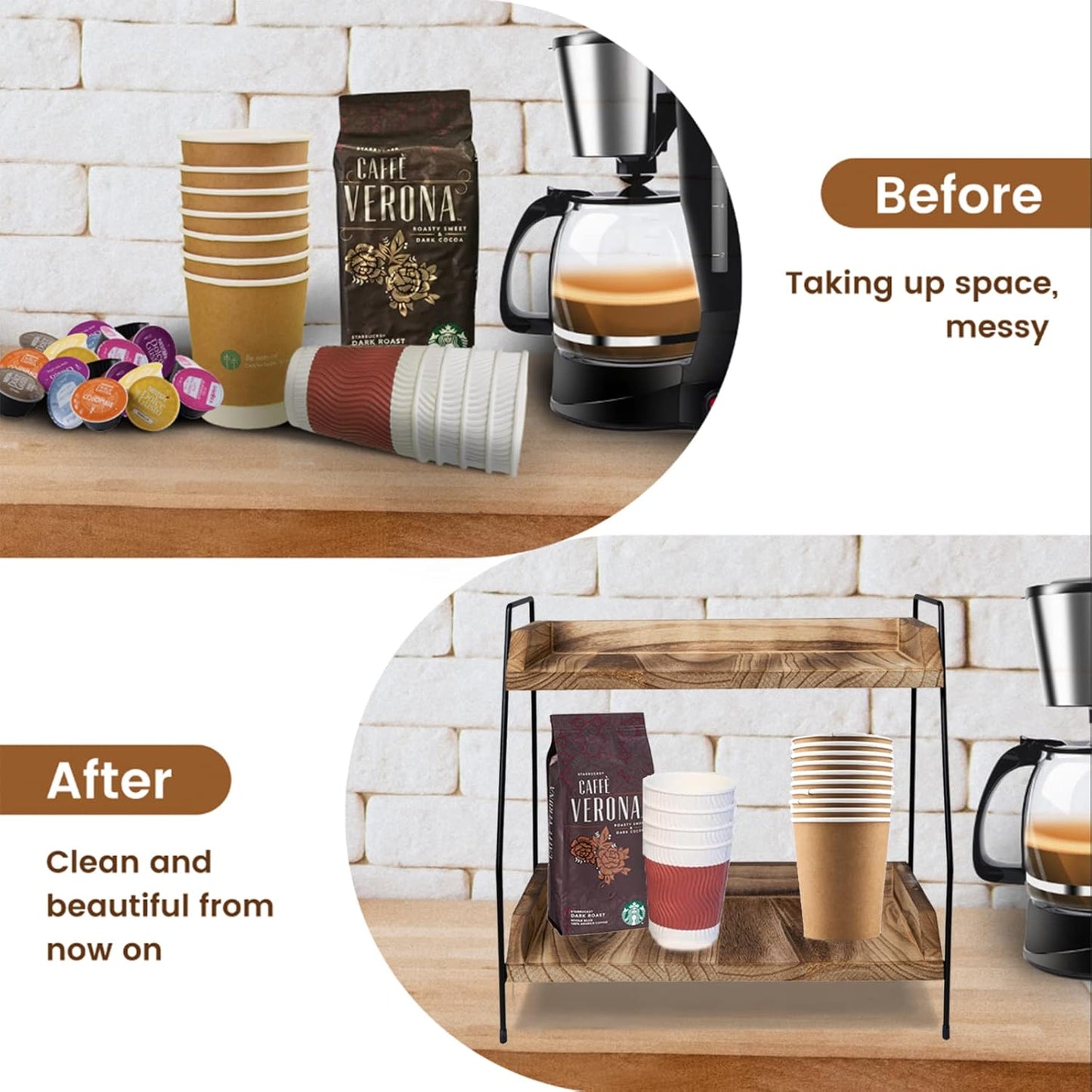 Coffee Bar Accessories and Organizer, Coffee Station Organizer 2 Tier Bathroom Counter Organizer, Wood Coffee Tray, Bathroom Vanity Organizer, Countertop Shelf for Kitchen, Coffee Lover