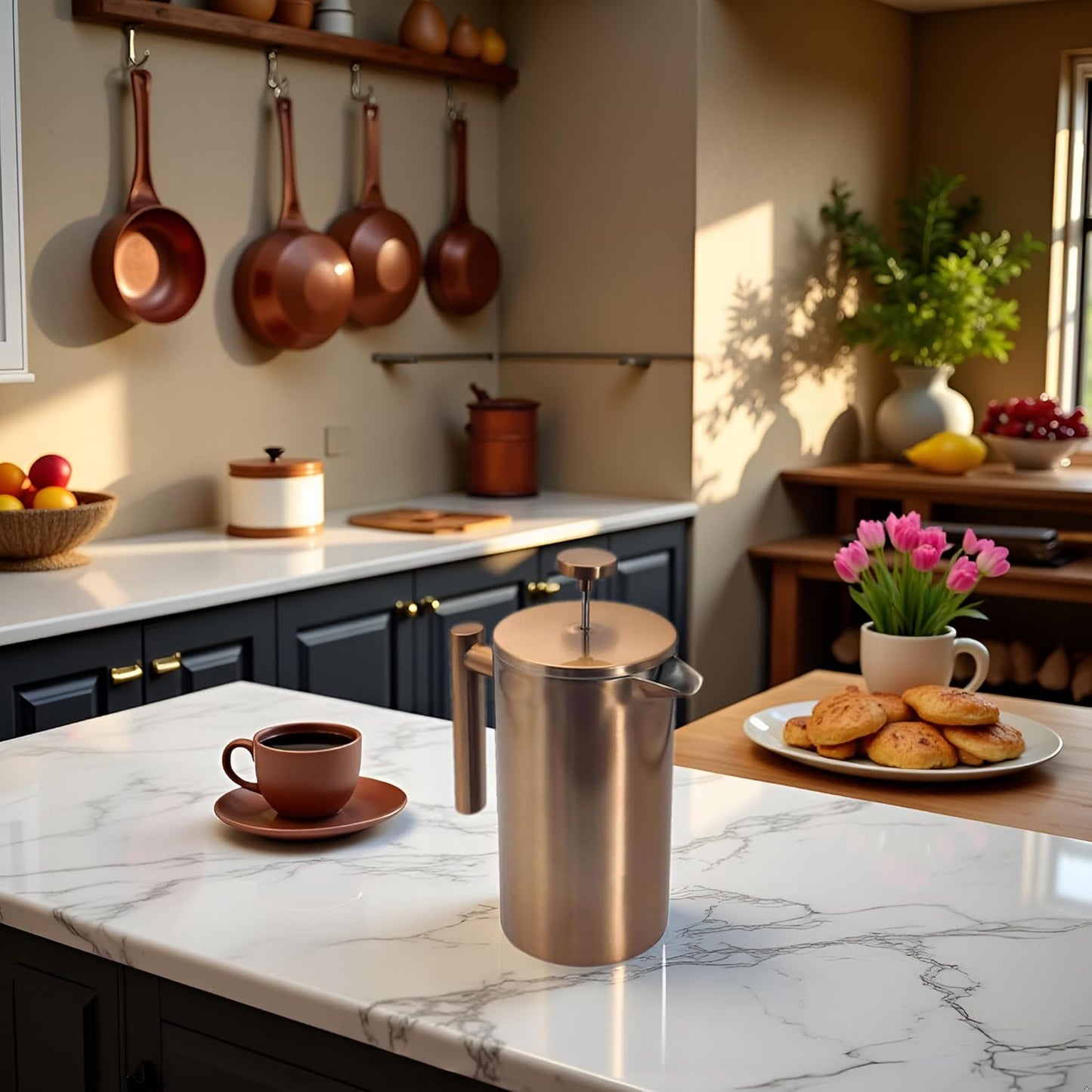 YJX 34oz Coffee Maker, Stainless Steel French Press, 1 Liter Camping Coffee Pot, Tea Maker, 34 Ounce Travel Coffee Presses, Heat Resistant Double Insulated (Coppery)