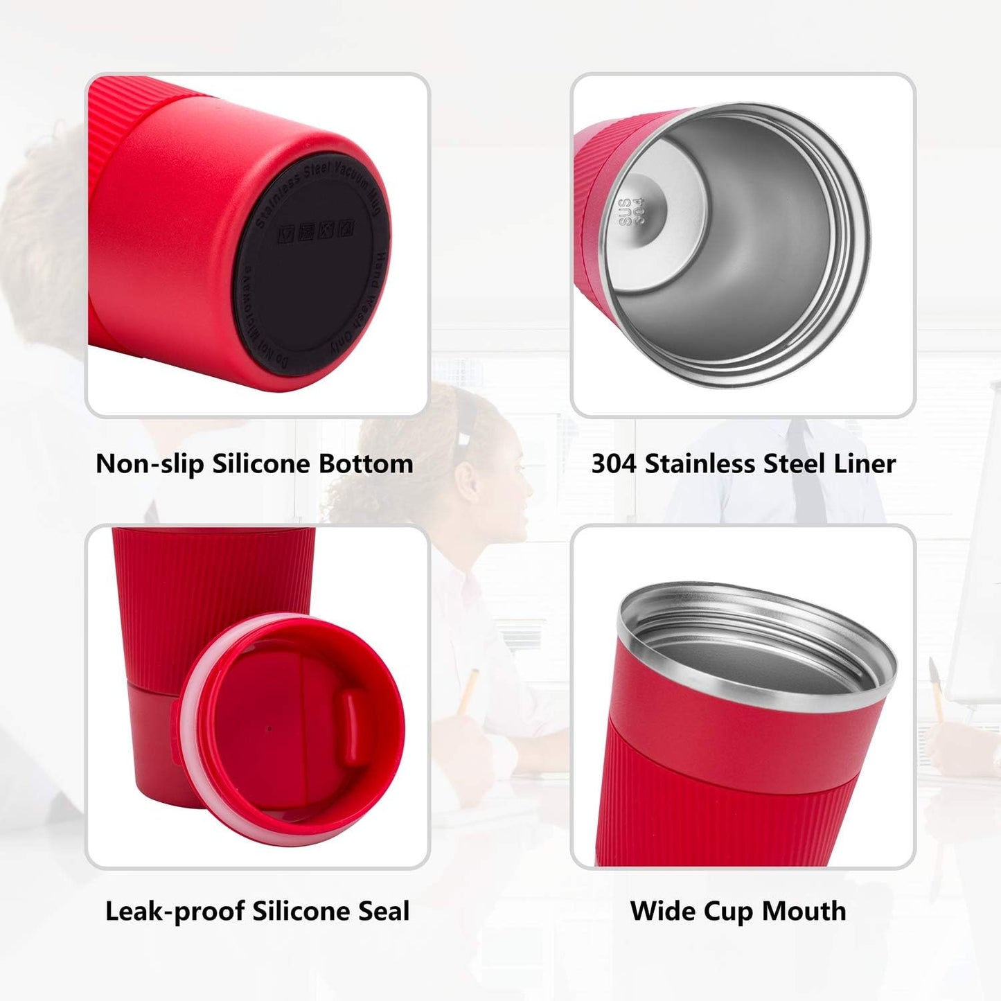 Travel Coffee Mug Spill Proof Leakproof 16 oz Insulated Coffee Mug with Screw Lid, Stainless Steel Vacuum Tumbler Reusable Thermal Coffee Cup to go for Hot and Cold Drinks -510ml,Red