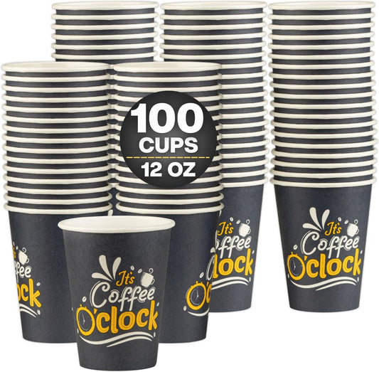 Smygoods Disposable Coffee Cups, To Go Paper Hot Cups, Coffee O'Clock Design (12 OZ, 100 Count) For Hot Beverages, Coffee, Tea, Espresso, Cocoa - Vasos Para Cafe