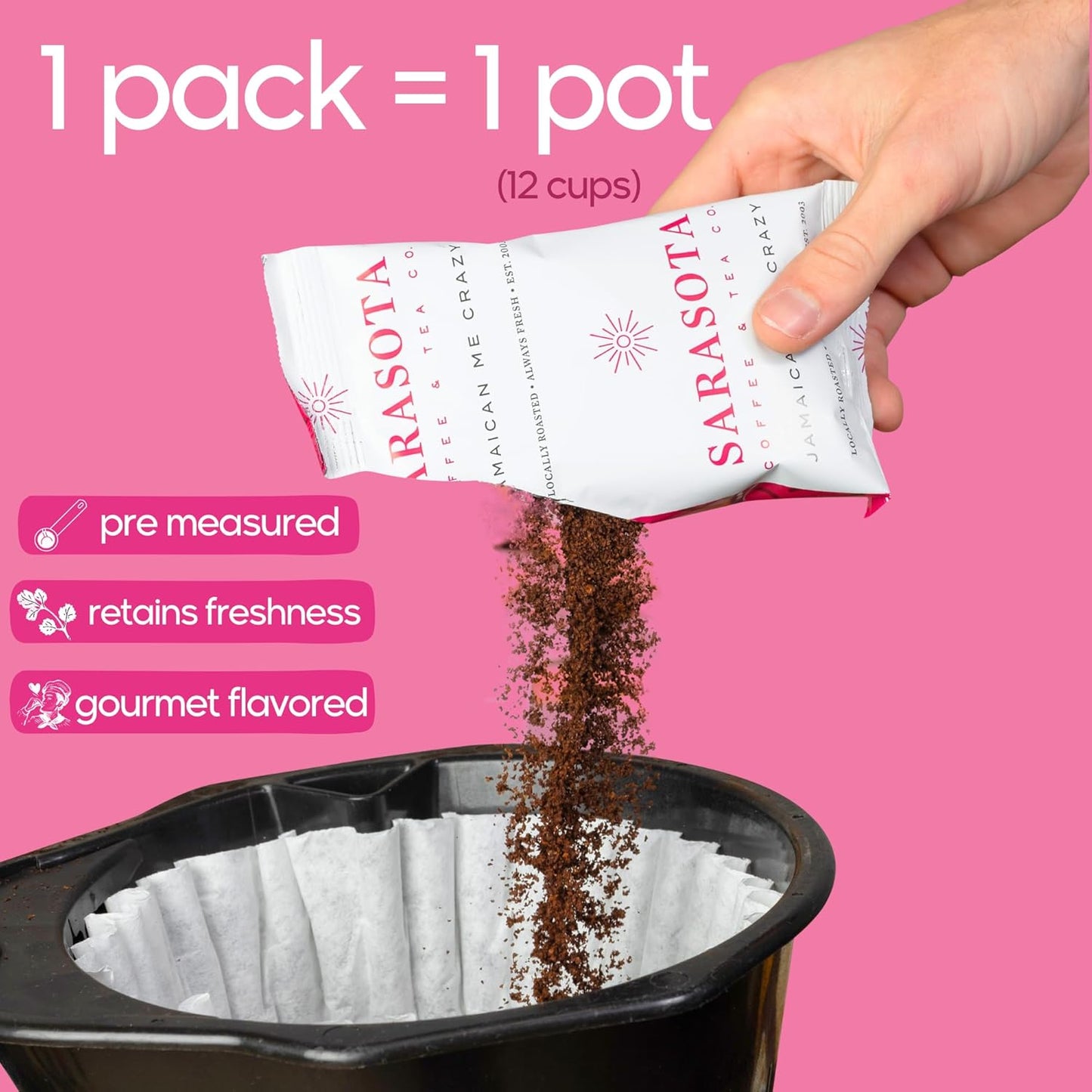 Sarasota Coffee Ground Packets | Gourmet Flavored Medium Roast Bulk Coffee Packs | Jamaican Me Crazy | Low Acid Mold Free Singles Individual Pouches for 12 Cups | 2.5 Ounce Bags, 36 Count