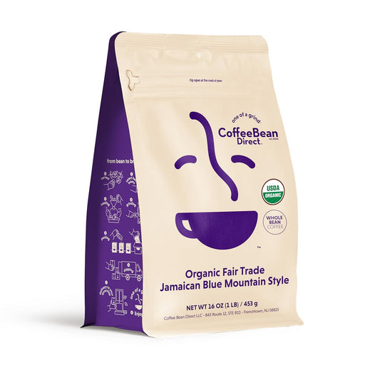Coffee Bean Direct Organic Fair Trade Jamaican Blue Mountain Style, Whole Bean Coffee, Light Roast, 1 Pound Bag (Pack of 1)