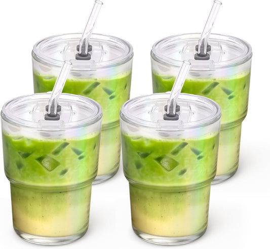 13 oz Glass Tumbler with Glass Straw and Lid, Leak-Proof Reusable Travel Cup for Iced Coffee, Tea, Matcha, Fruit Juice – Thick Wall Clear Water Bottle (Iridescent Shimmer, 4 Pack)