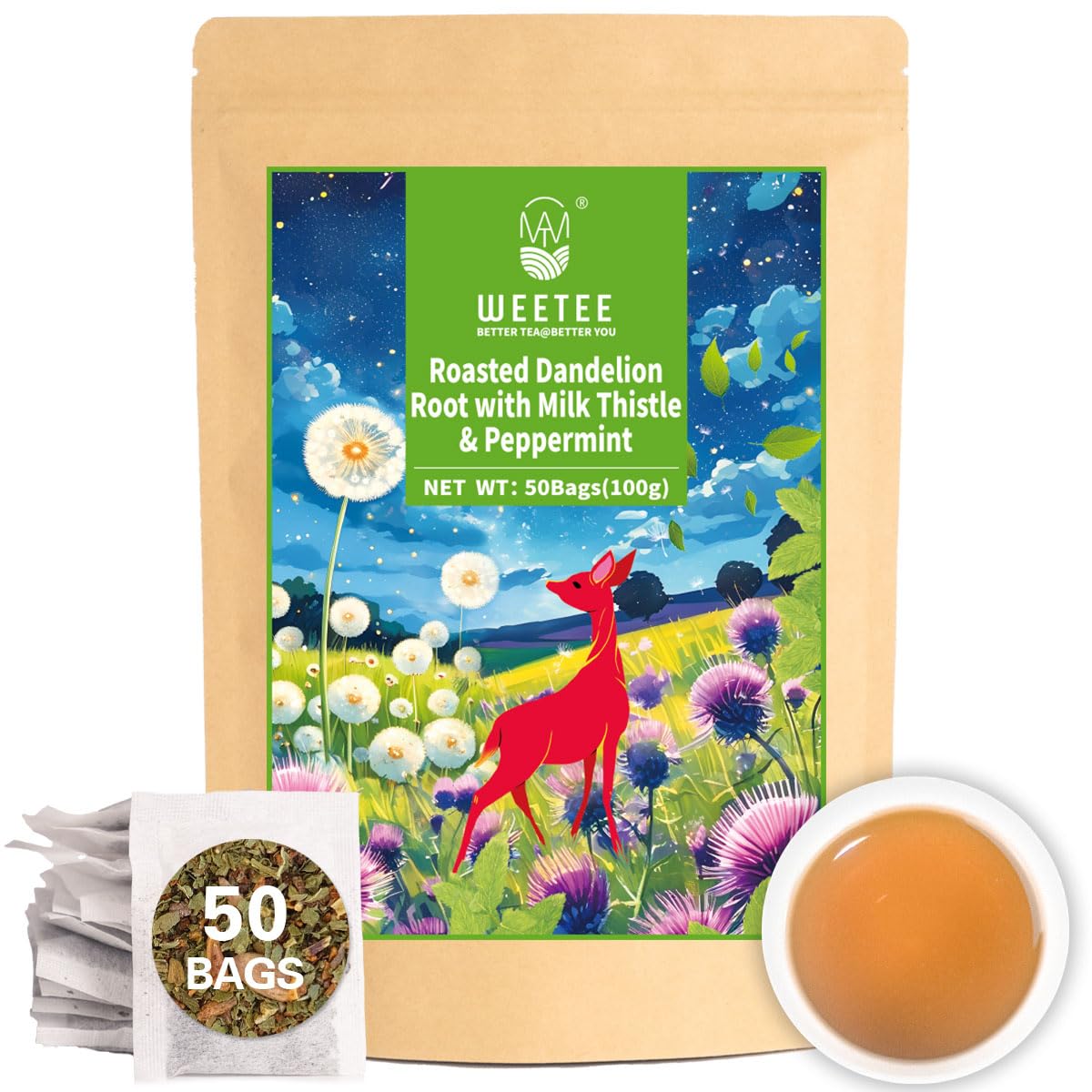 WT WEETEE Roasted Dandelion Root Tea with Milk Thistle and Peppermint, 50 Natural Caffeine-free Herbal Tea Bags for Liver Cleanse