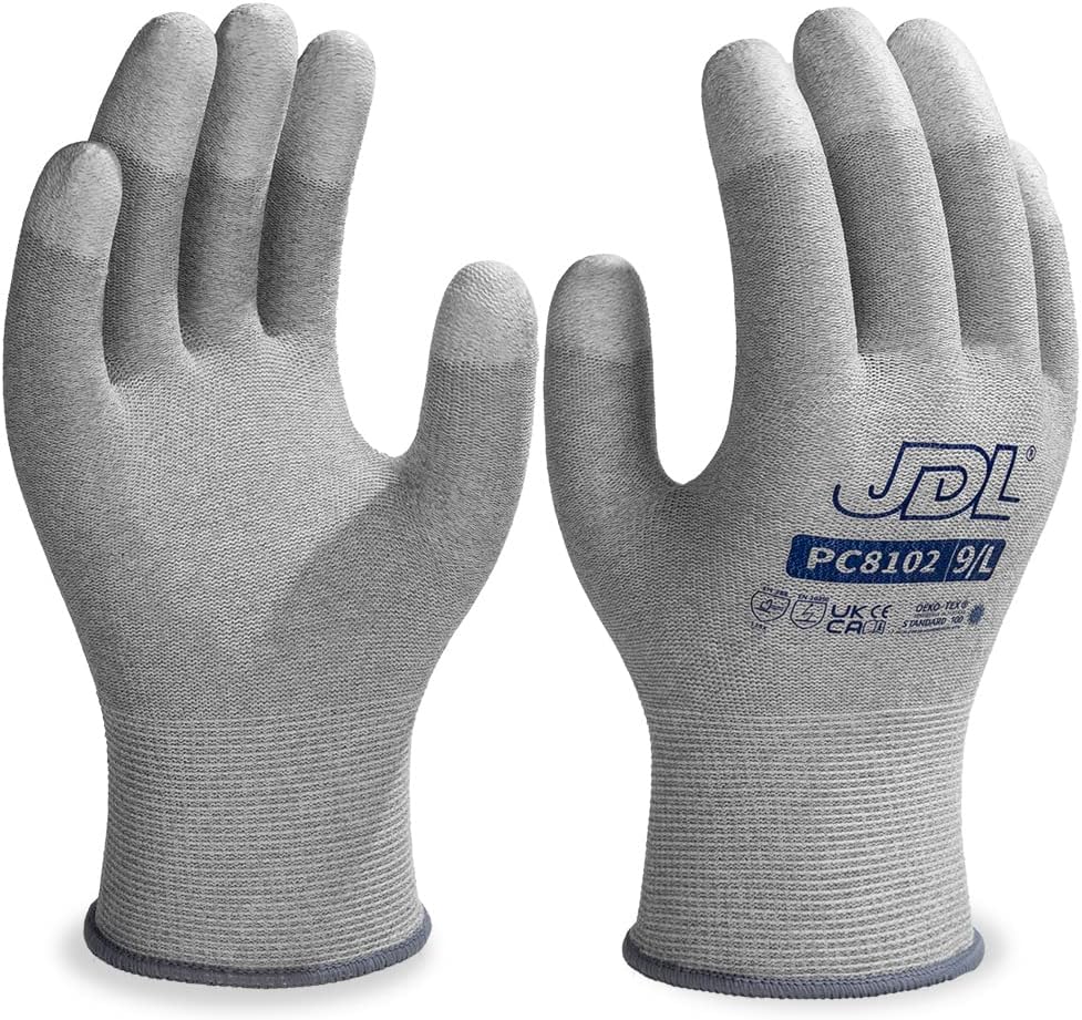 JDL ESD Work Gloves, Anti-Static Gloves for PC Building, 6 pairs, Computer Installation & Repair, High Resistance Carbon Fiber Gloves, Large