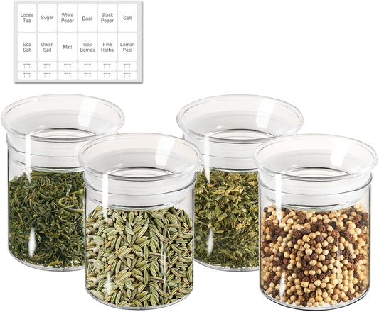 ZENS 10oz Glass Jars with Airtight Lid, 4 Pack Glass Kitchen Canisters Set for Spice, Loose Tea, Small Clear Glass Storage Jars with Labels for Herbs, Sugar
