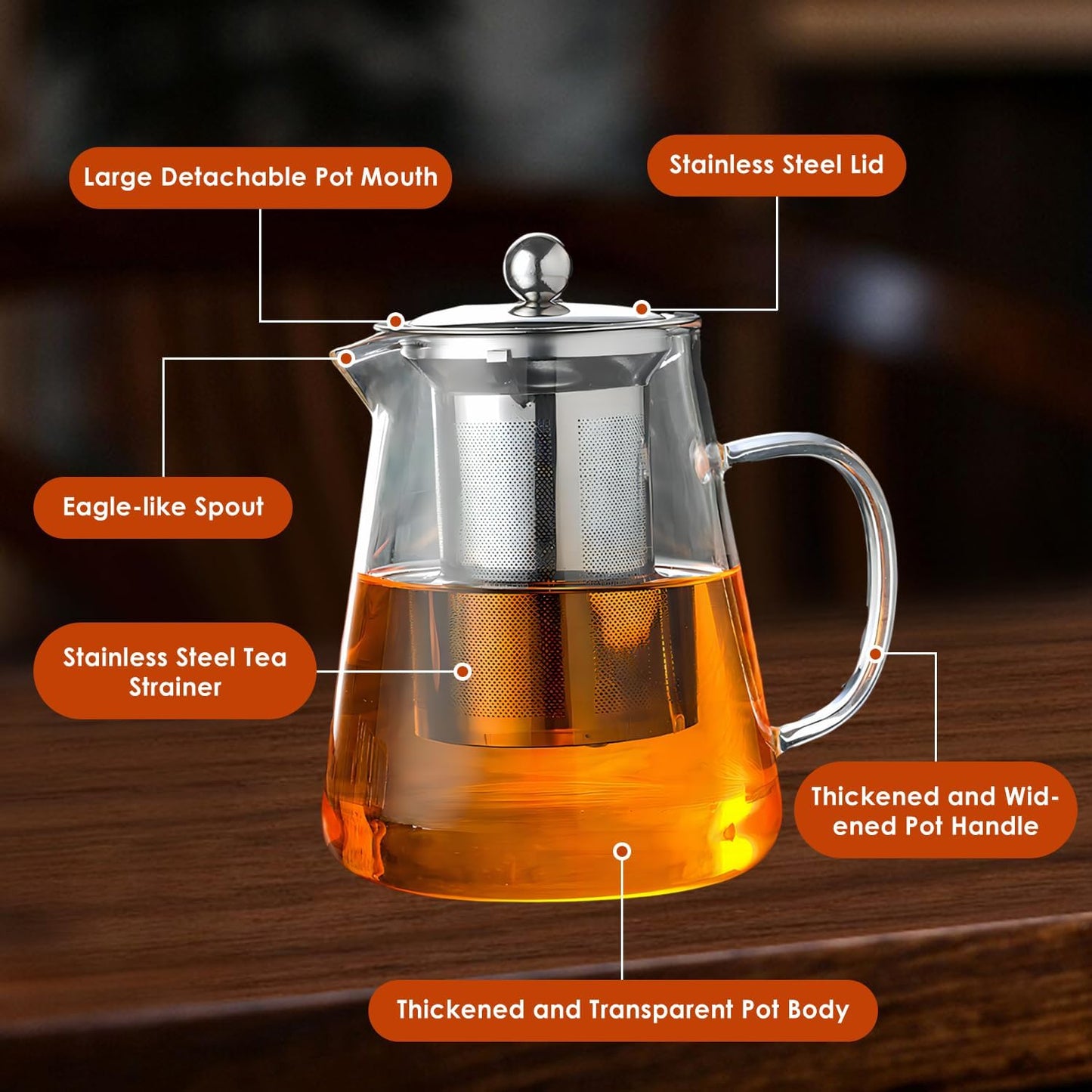 1300ml(44oz) Glass Teapot with Removable Infuser - Stovetop Safe High Borosilicate Clear Teapot for Loose Leaf Tea, Blooming Tea, Home & Office Use