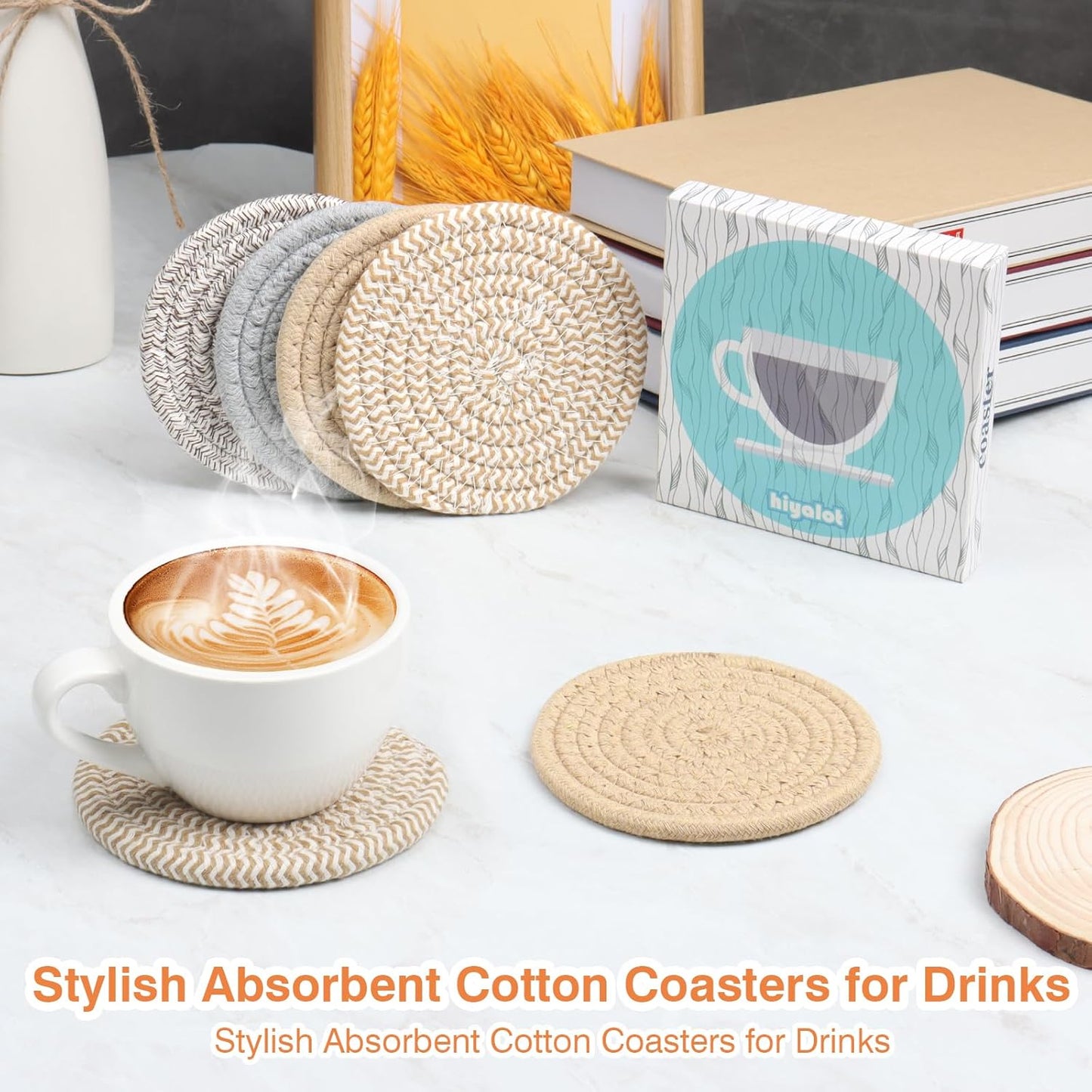 Large 4.8" Cotton Coasters for Drinks Set of 2, Oversized Absorbent Brown Fabric Cup Mats for Coffee Mugs, Boho Desk & Nightstand Drink Pads, Durable Minimalist Coasters for Home Décor(Caffè no)