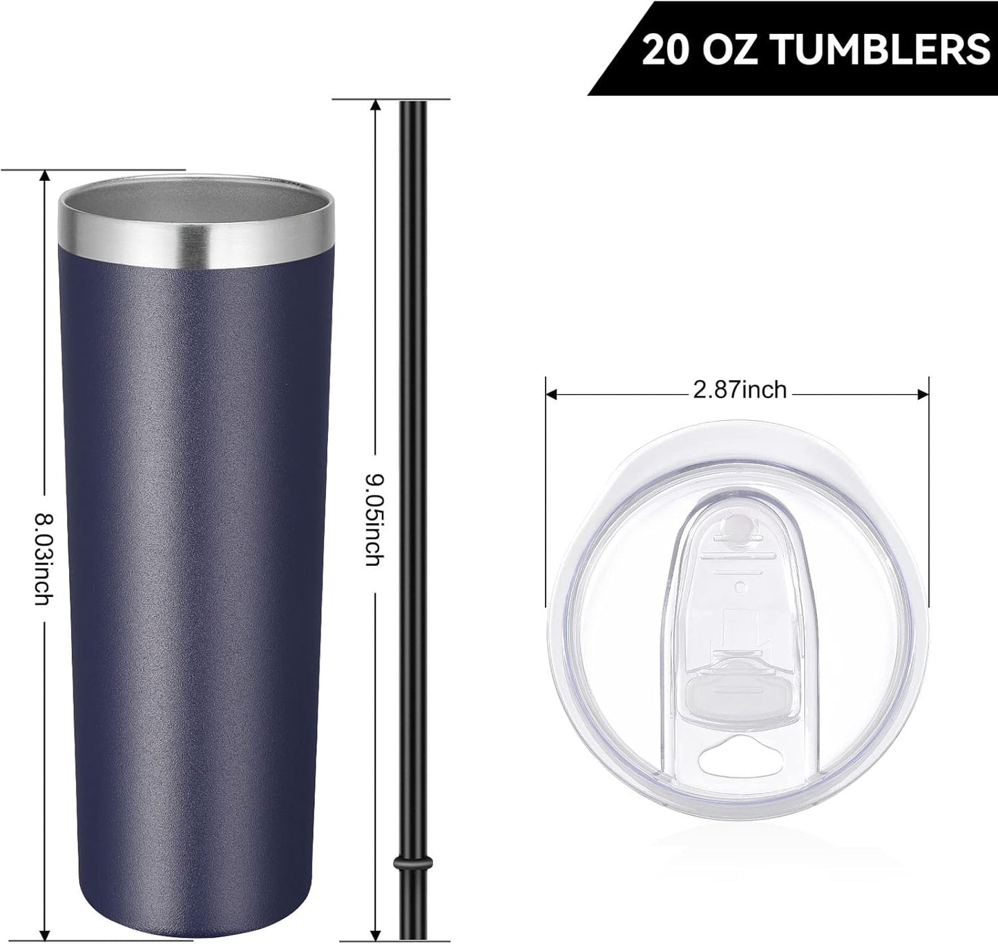 VEGOND Stainless Steel Skinny Tumbler, 20 oz Vacuum Insulated Tumbler with Lid and Straw, Double Wall Coffee Cup, Travel Mug for Cold Hot Drinks, Navy Blue 1 Pack