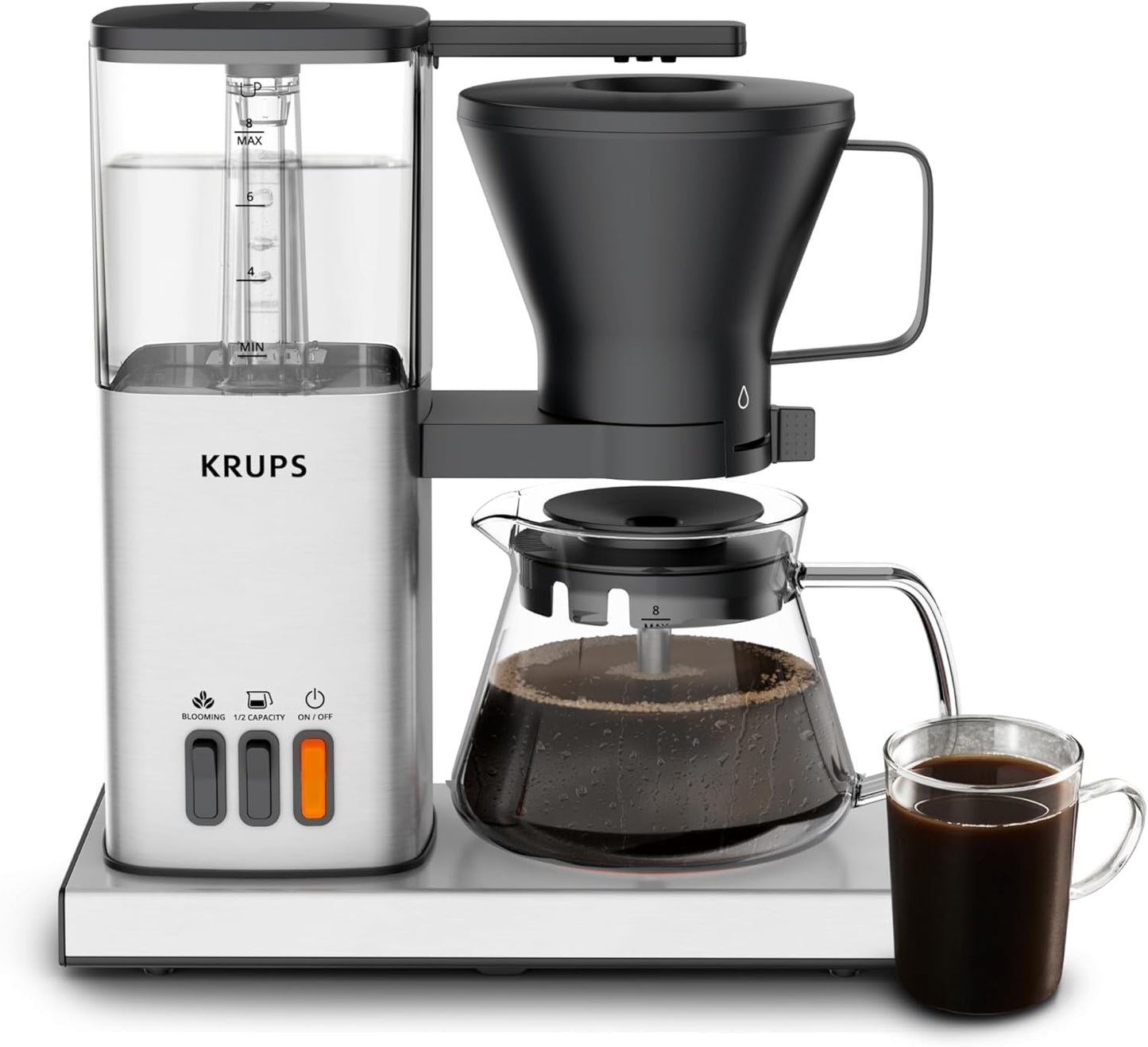 KRUPS Essential Brewer 8 Cup Drip Coffee Maker Machine SCA-Certified Blooming Technology, Barista-Quality, Pour-Over Coffee Machine, Easy to Clean Dishwasher Safe, Stainless Steel Design, Silver