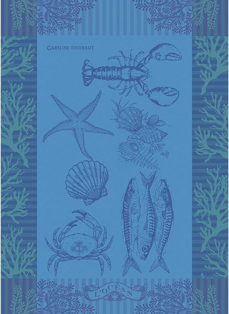 Garnier Thiebaut L'Ocean Bleu (The Blue Ocean) French Kitchen Towel 22"x30", Cotton, Jacquard