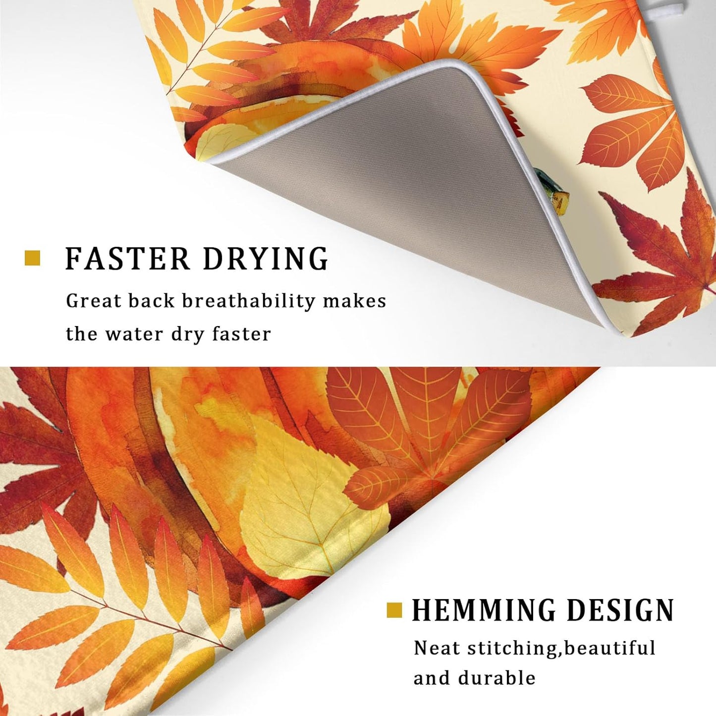 Autumn Pumpkin Maple Leaf Dish Drying Mat for Kitchen Counter,Thanksgiving Fall Holiday Drying Mat with Hanging Loop 18 x 24 Inch Microfiber Dish Drying Pad Dish Rack Drainer Mat for Coffee Bar