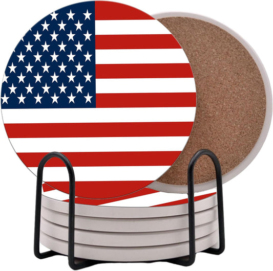 USA American Flag United States Round Coasters Set of 6 - Abosrbent Ceramic with Metal Stand for Drinks, Coffee, Non-Slip Cork Back for Tabletop Protection, 4 Inches (Old Glory)