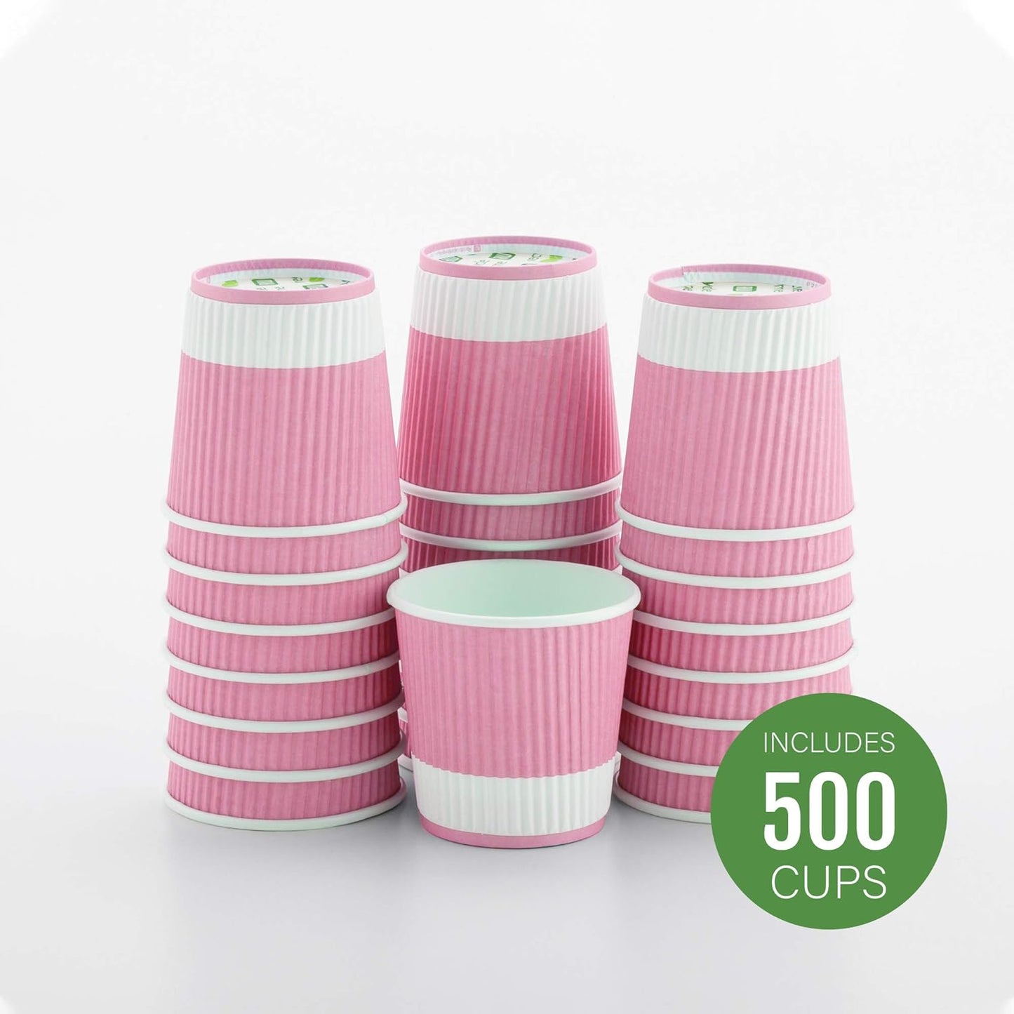 Restaurantware 4 Ounce Ripple Insulated Coffee Cups, 500 Double Wall Corrugated Tumblers, Leakproof, Non-Slip Light Pink Paper Design, Recyclable, Ribbed Surface, Matching Lids Sold Separately