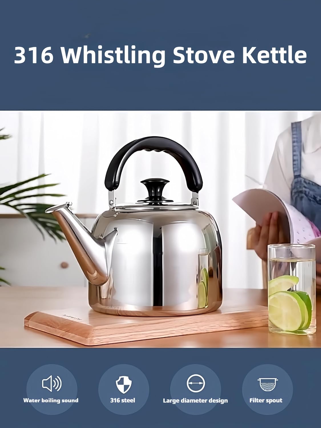 Whistling Stovetop Tea Kettle,Food Grade 316 Stainless Steel,Hot Water Fast to Boil,Stovetop Kettle with Ergonomic Handle,5.3 Quart Capacity