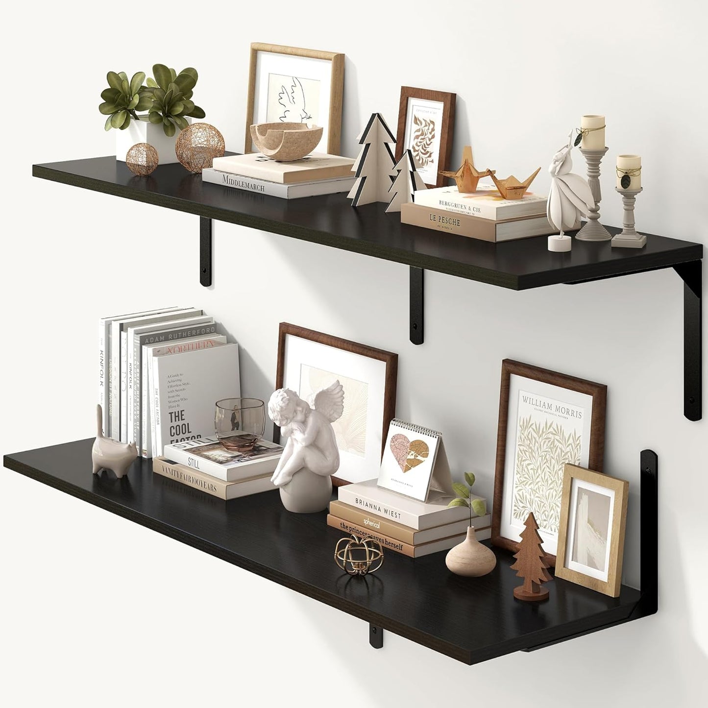 Fun Memories Floating Shelves for Wall, 12 Inch Deep Floating Shelves Set of 2, Wall Mounted Shelf with Metal Brackets, Rustic Wood Wide Shelf for Bathroom, Kitchen and Living Room, Black, 48W x 12D