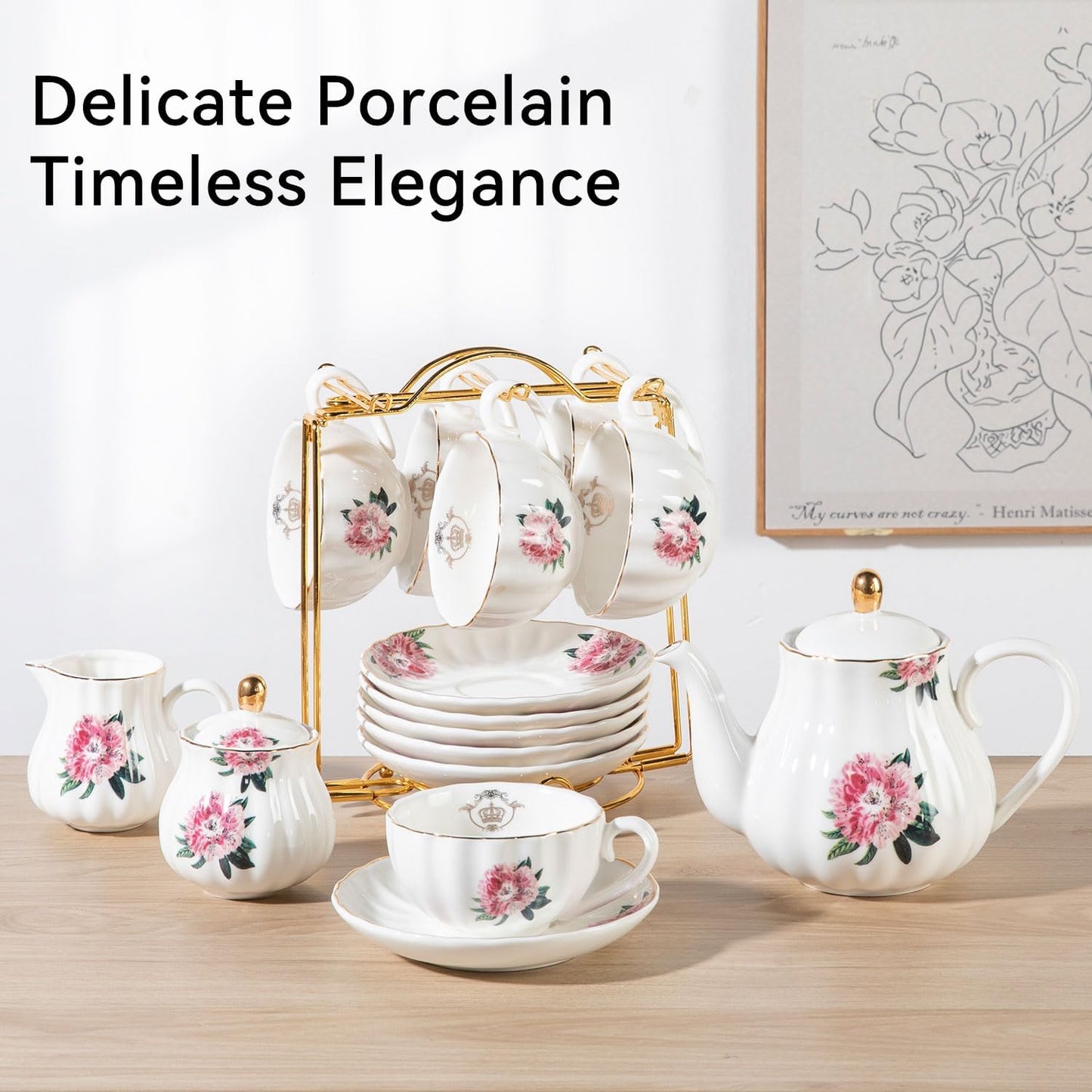 Porcelain Tea Sets British Royal Series, 8 OZ Cups & Saucer Service for 6, with Teapot Sugar Bowl Cream Pitcher Teaspoons and Tea Strainer, Suitable for High Tea, Wedding, Party