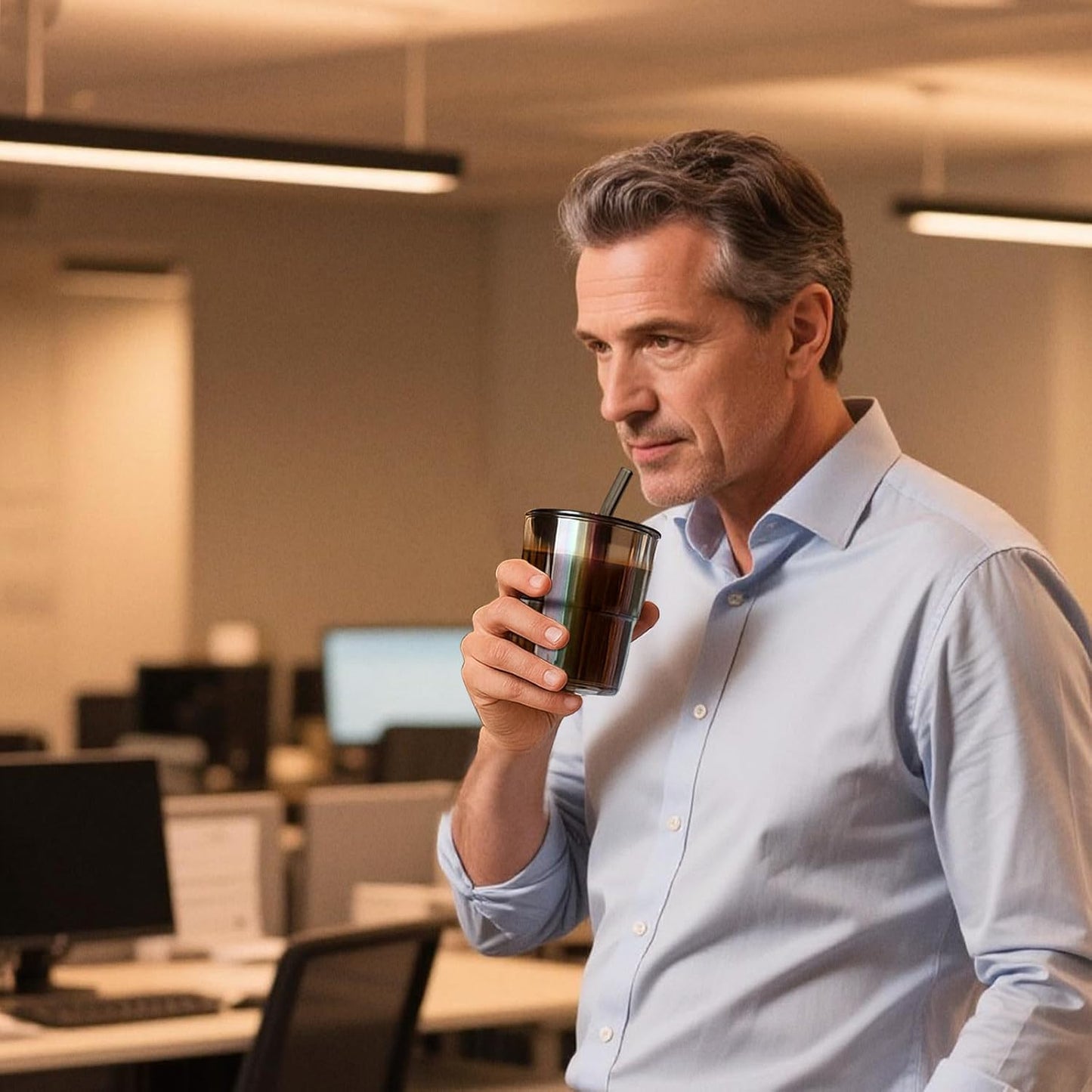 13 oz Glass Tumbler with Glass Straw and Lid, Leak-Proof Reusable Travel Cup for Iced Coffee, Tea, Matcha, Fruit Juice – Thick Wall Clear Water Bottle (Amber & Iridescent Shimmer, 2 Pack)