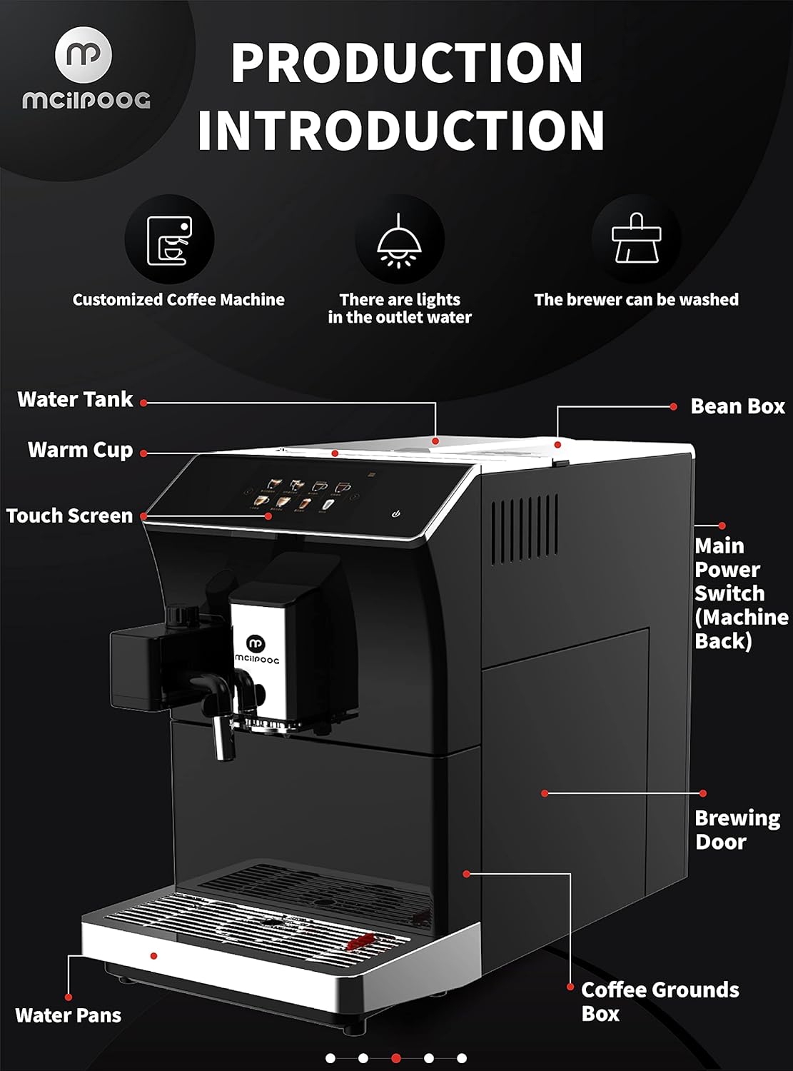 Mcilpoog ws-203 fully Automatic Espresso Coffee Machine, 1300W, 16 Drink Types, 19 Bar Pump, 1.7L Water Tank
