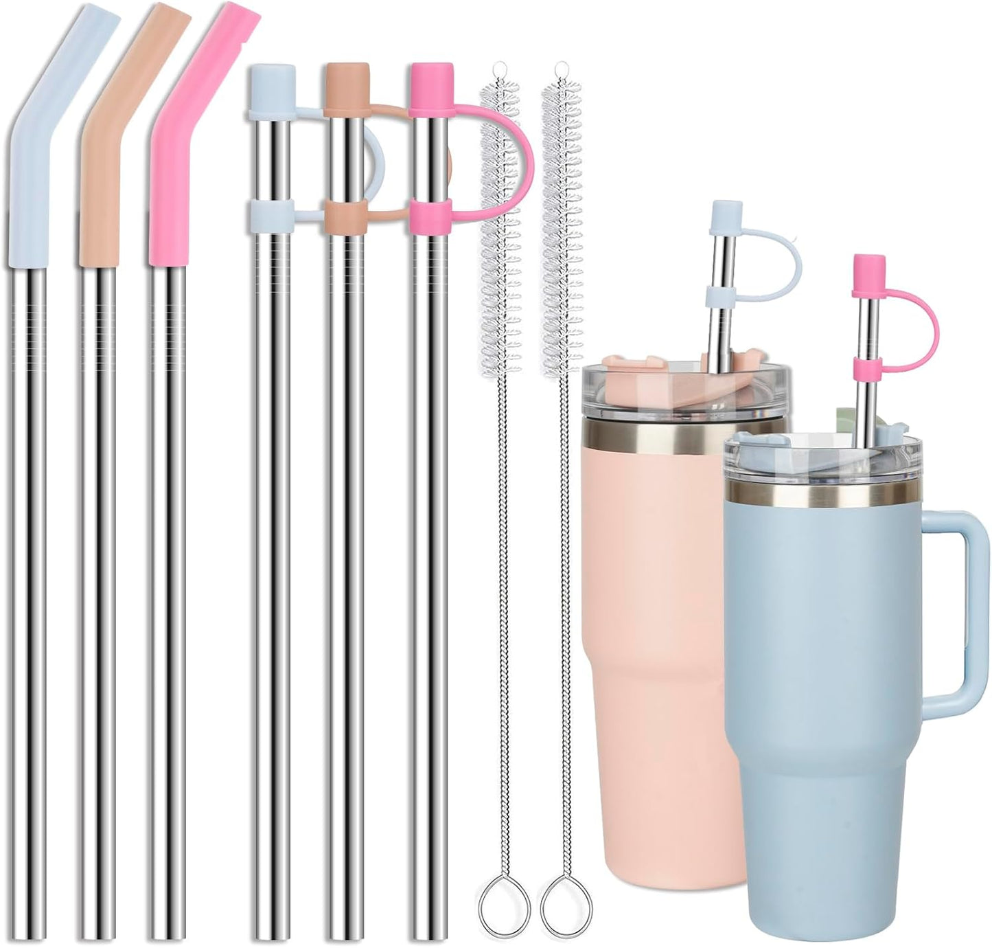 Stainless Steel Straws with covers fit Stanley 30oz tumbler, Reusable 10.5 Inch Metal Straw with Silicone Tips & Cover Caps, Compatible with Stanley Quencher H2.0 (6 Pack: 3 Bent + 3 Straight)