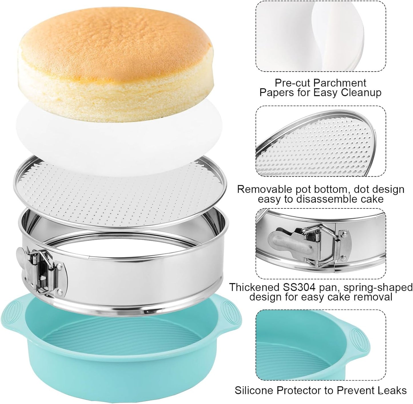 10-inch Stainless Steel Springform Pan with Silicone Protector, Removable Bottom, Parchment Paper, Decorating Kit Piping Bags and Tips- Great for Birthday Parties