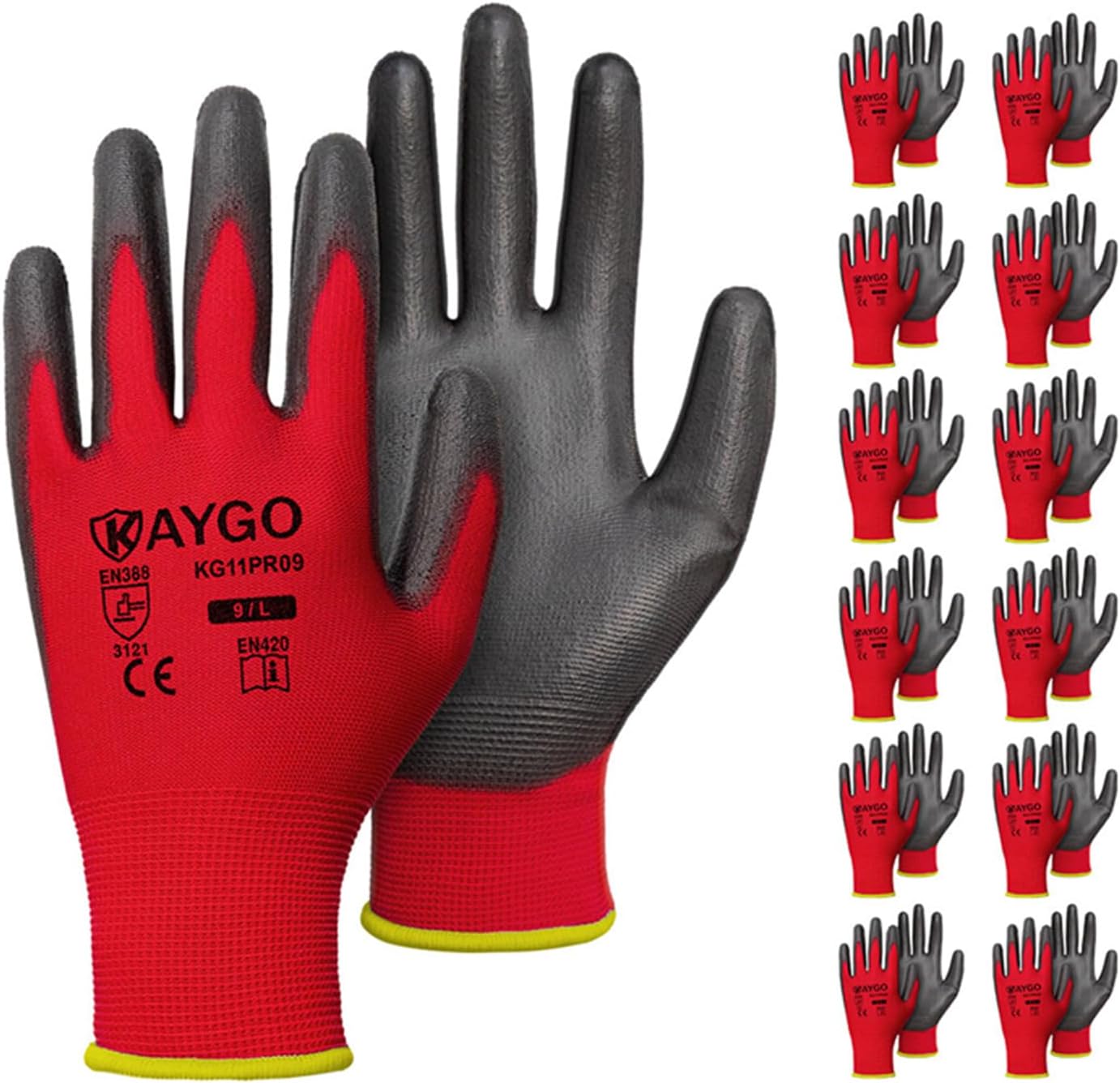 KAYGO Safety Work Gloves PU Coated for Men and Women, 12 Pairs KG11P Seamless Knit Glove with Polyurethane Coated Smooth Grip on Palm and Fingers, Ideal for General Duty Work (L, Red)