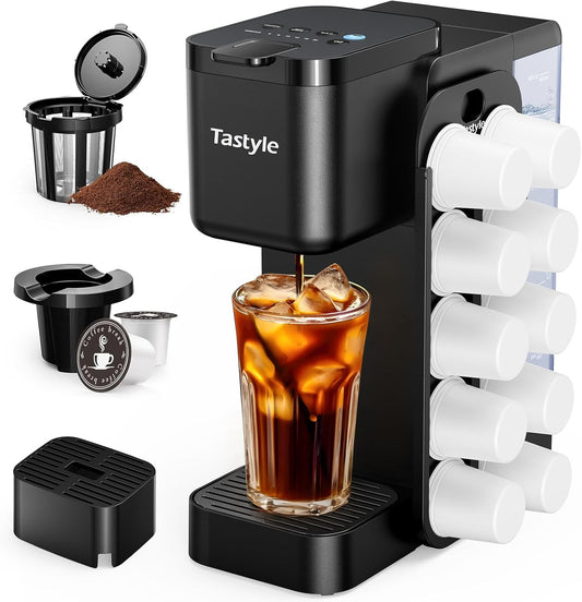 Hot & Iced Coffee Maker with Magnetic K-Pod Organizer (Pods Not Included), Stores 10 Pods, 4-5 Cups Coffee Maker & Single-serve Brewer for K Cup & Grounds, 40oz Removable Water Tank, Black