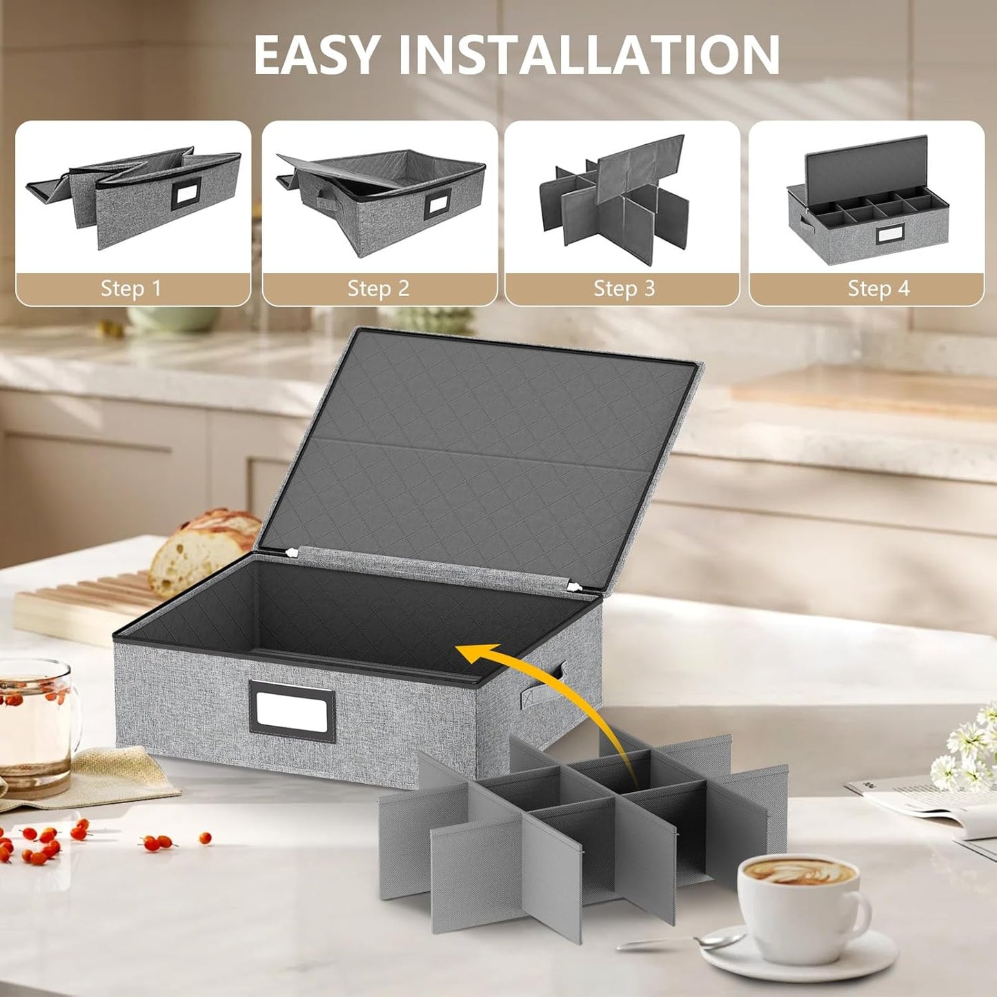 homyfort Coffee Mug Storage Box with Dividers, Durable China Storage Containers for Coffee Mugs, Tea Cups Storage Organizer with Lid, Handles, Label Window, Holds 24 Mugs, Hard Shell and Stackable