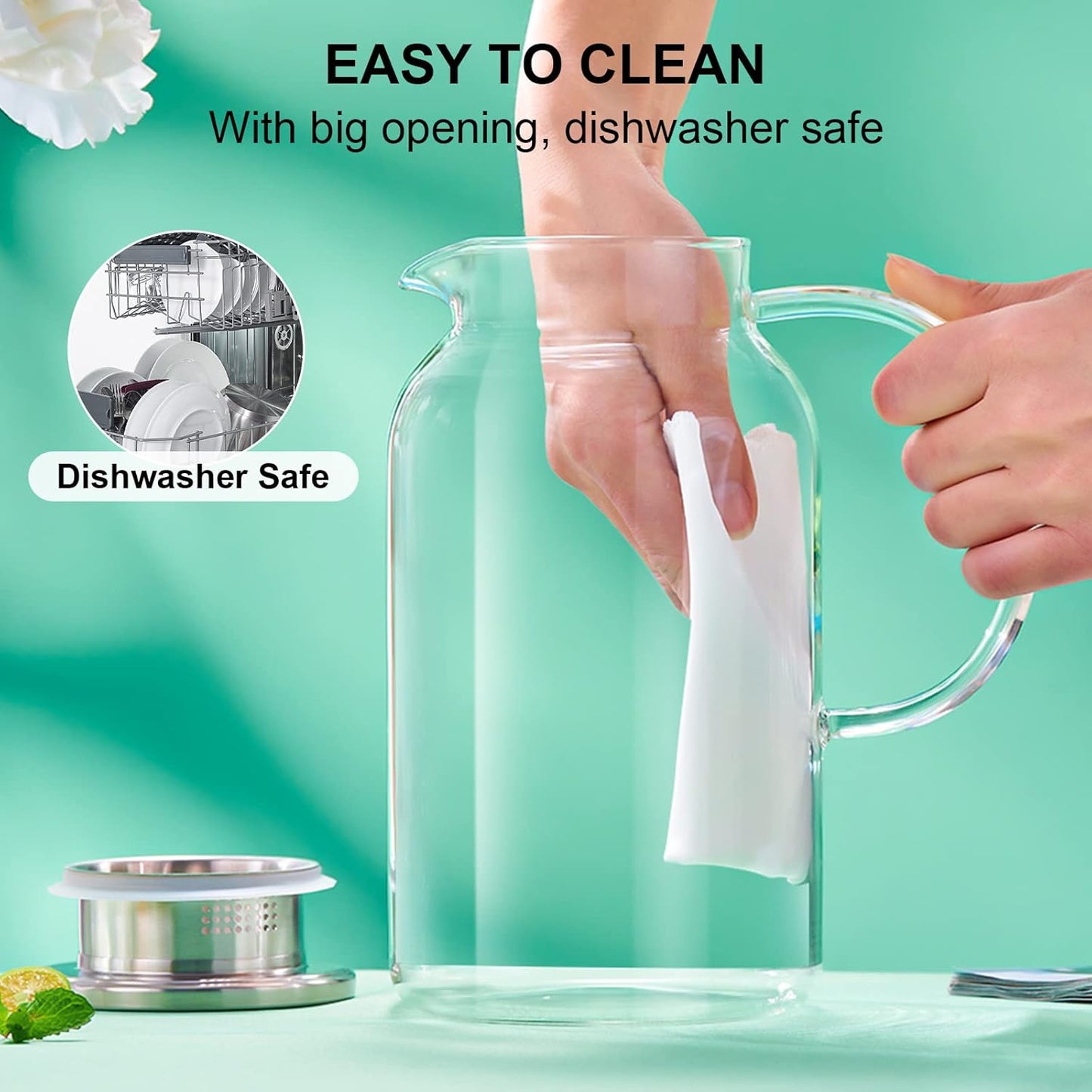 PARACITY Glass Pitcher with Lid, Hot& Cold Glass Water Pitcher with Handle, Iced Tea Pitcher Carafe for Coffee, Juice, Lemonade and Milk 61oz/ 1.8L…