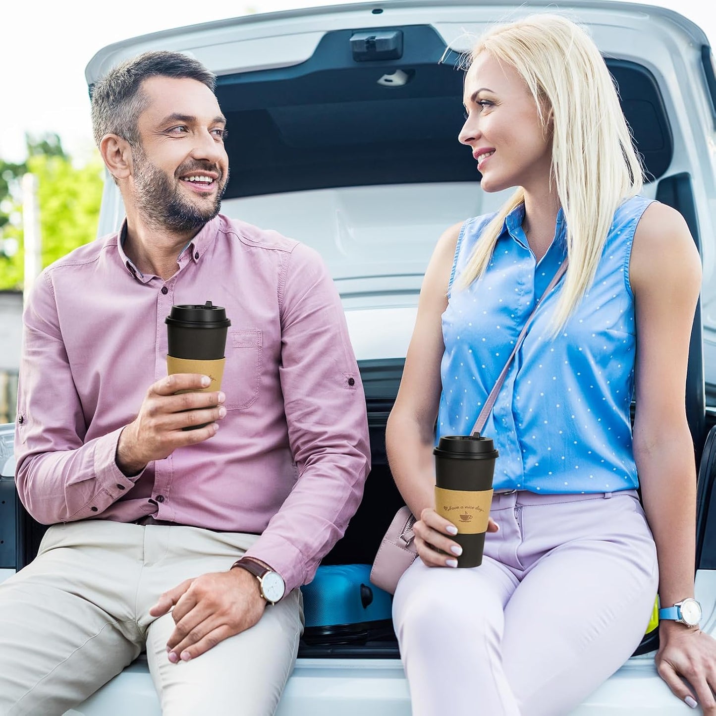 LITOPAK 50 Pack 20 oz Paper Coffee Cups for Hot Chocolate Drinks, Black Disposable Coffee Cups with Lids, Sleeves and Stirring Sticks for Parties, Picnic, Travel, and Events