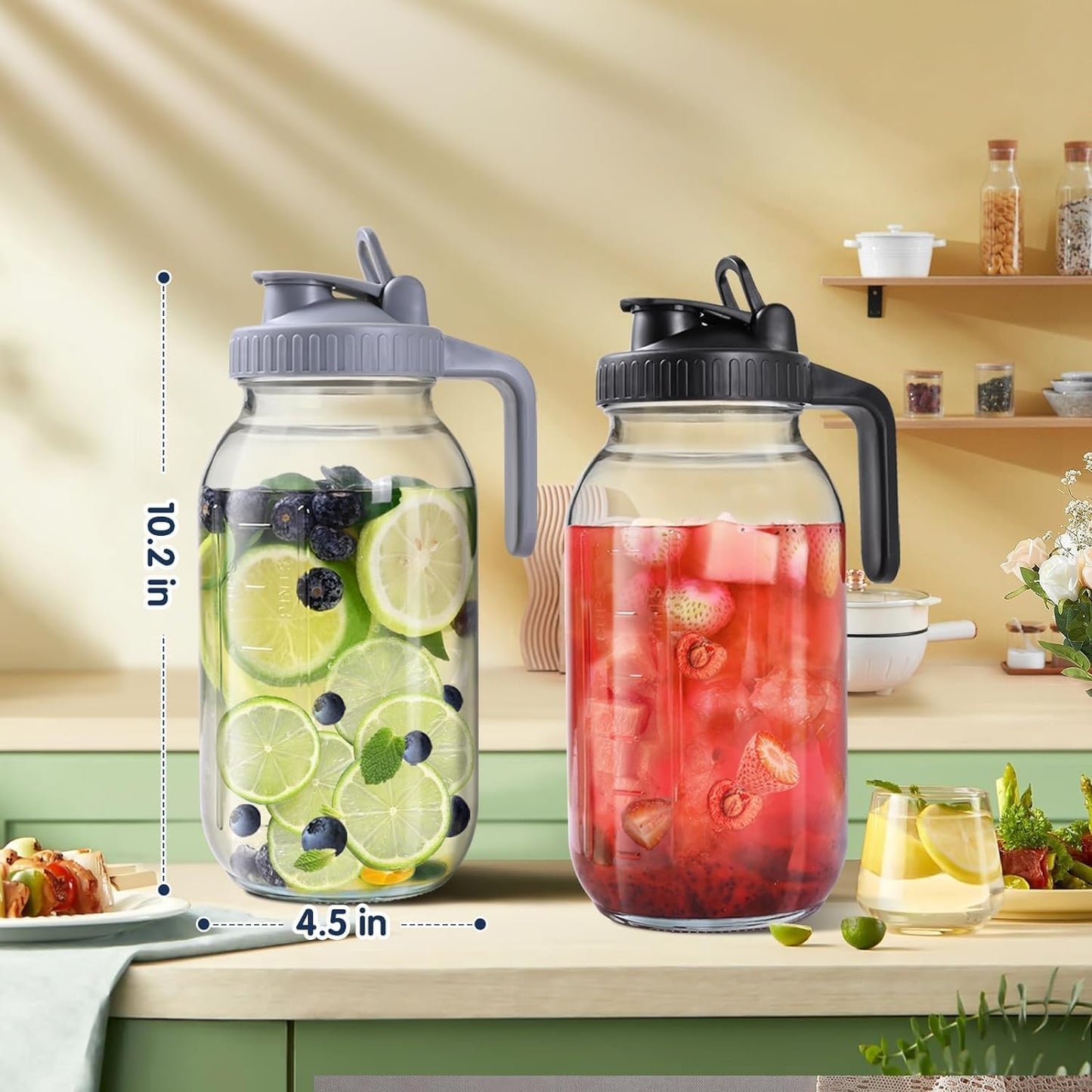Glass Pitchers with Lid, Set of 2, Wide Mouth Water Jugs 64OZ Leak-Proof Airtight Mason Jars for Cold Brew Coffee, Iced tea, Milk, Food Storage, Sun Tea Jar., Black