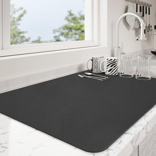 Dish Drying Mat for Kitchen Counter | Coffee Bar Mat for Countertops | Heat Resistant Drainer Mat with Non-slip Rubber Backed | Hide Stain Kitchen Absorbent Draining Mat | Black 16"x24"